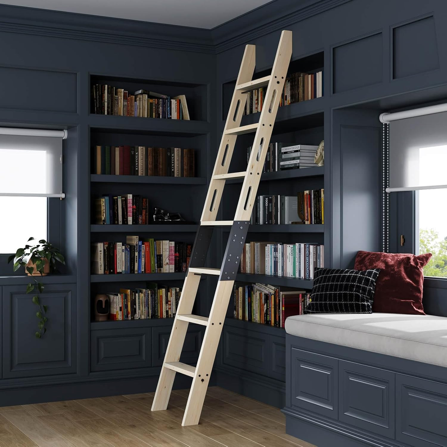 Rolling Library Ladder 8ft,450lbs Capacity,7 Steps with Build-in Handrail,Solid