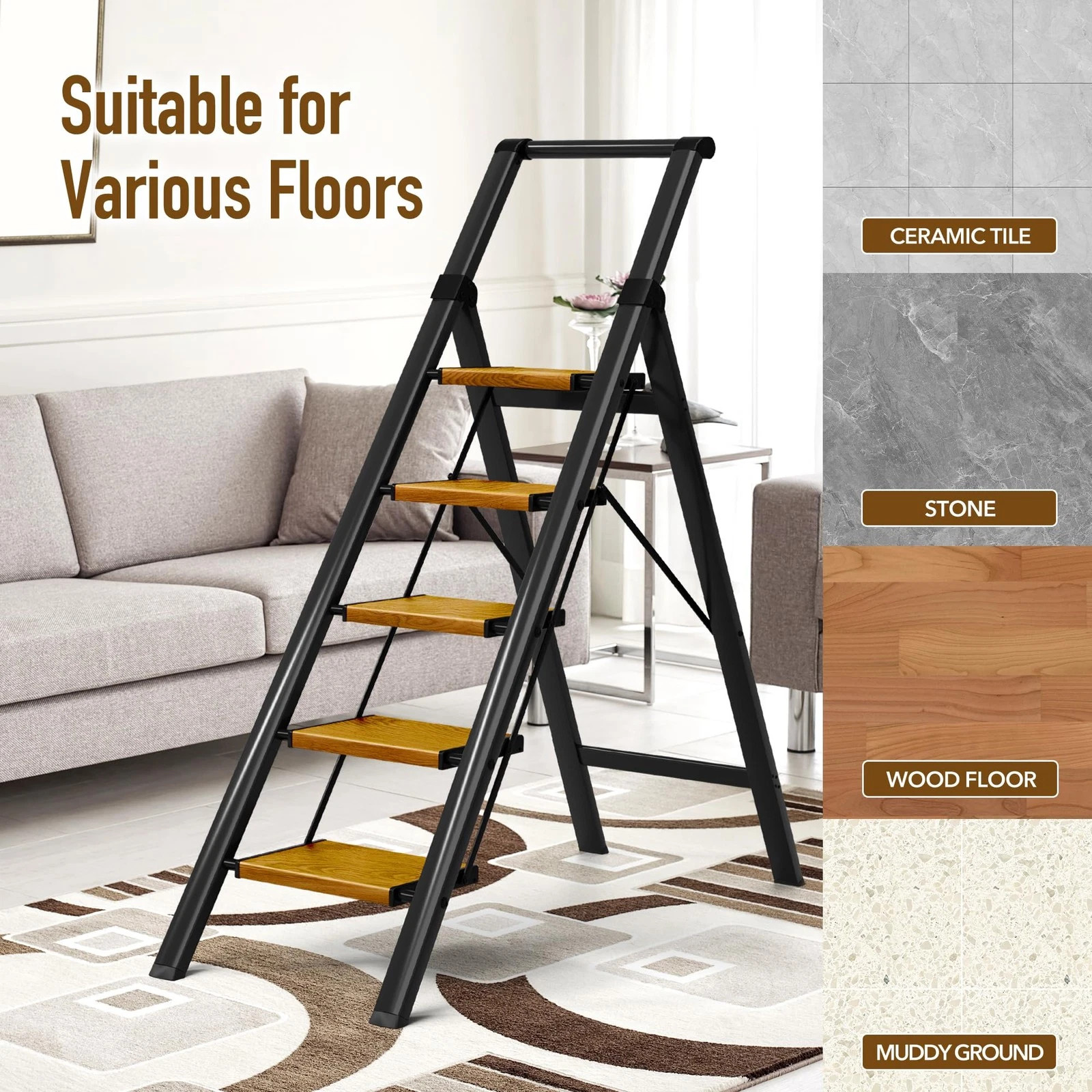 Black Woodgrain 5 Step Aluminum Ladder Foldable Handrail 330lbs Anti-Slip