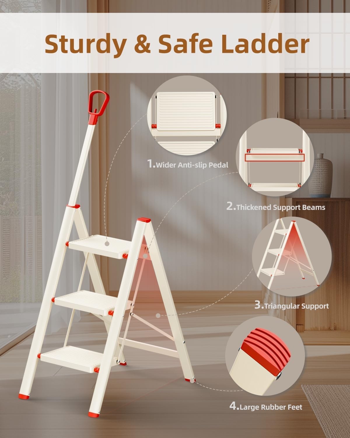 Beige 3 Step Ladder with Handrail Foldable Step Stool Anti-Slip