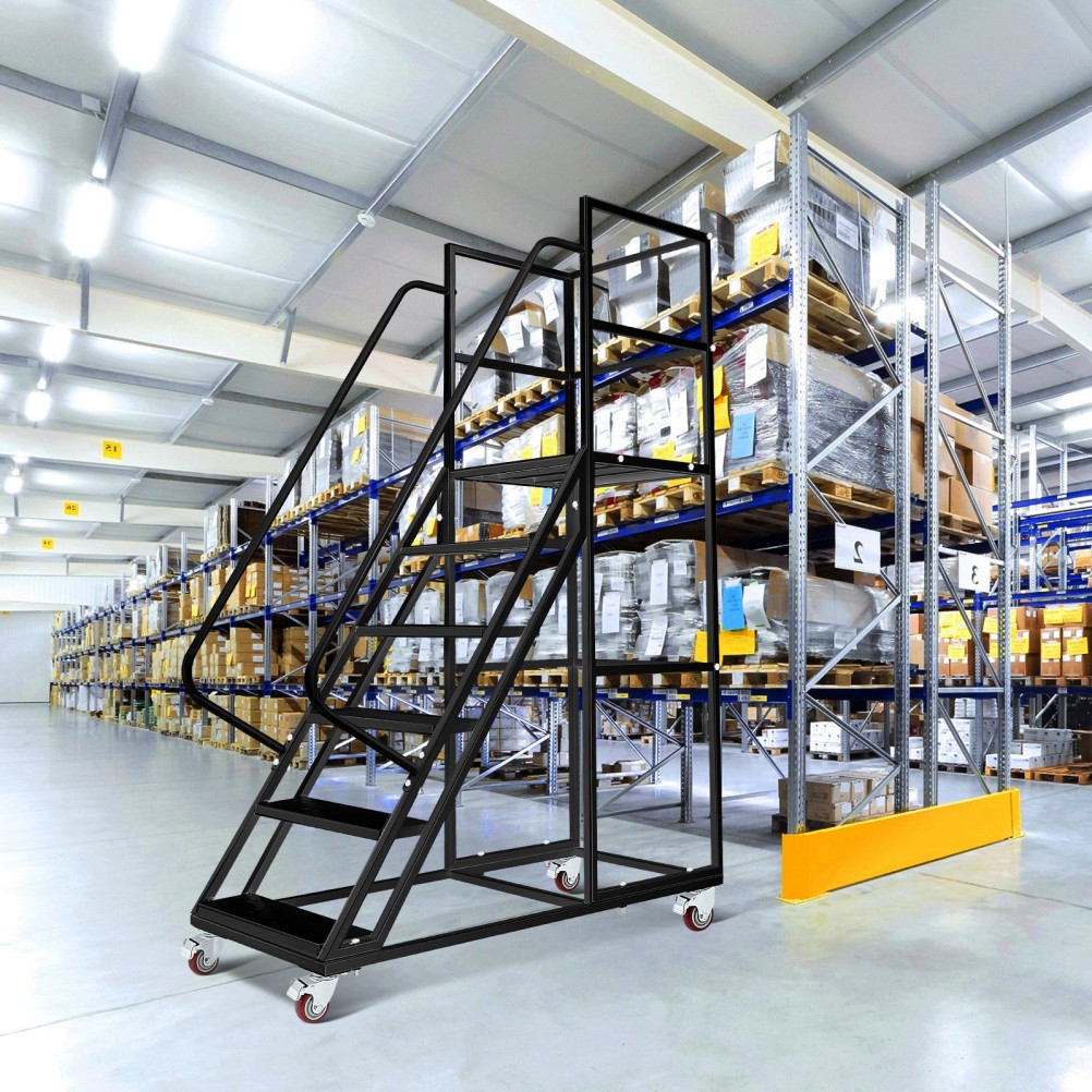 6 Step Rolling Ladder with Wheels 1200LBS Industrial Warehouse Rolling Stairs US