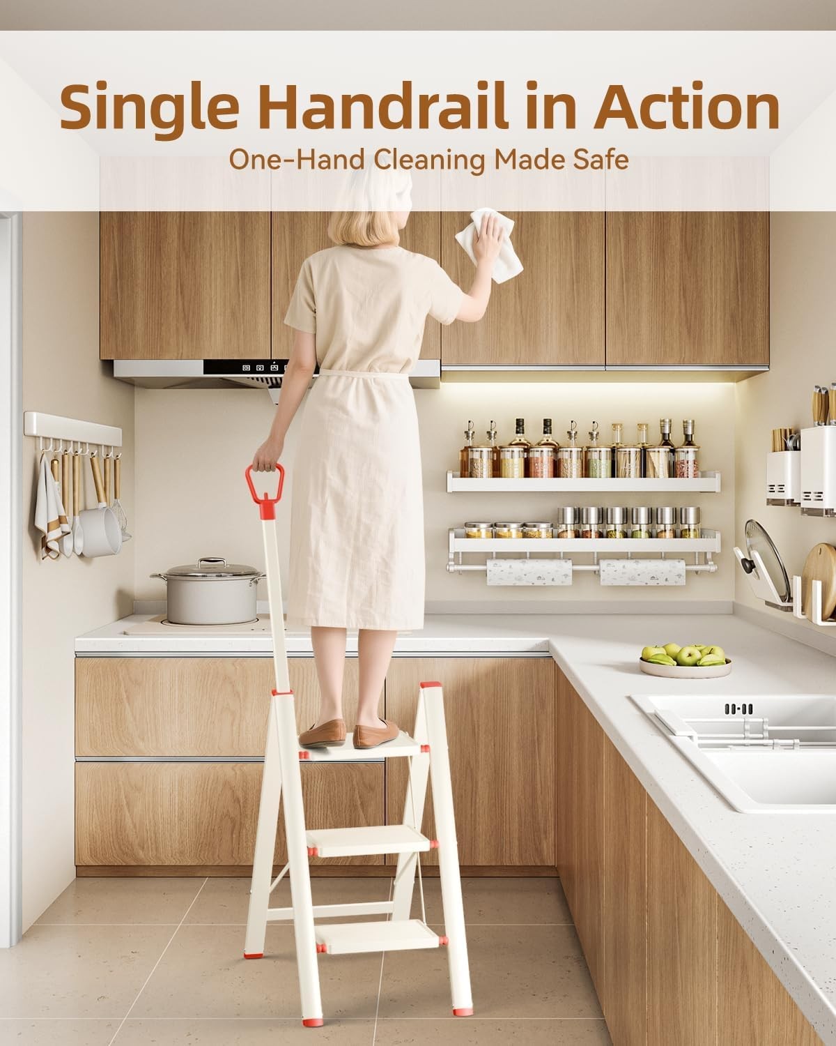 Beige 3 Step Ladder with Handrail Foldable Step Stool Anti-Slip