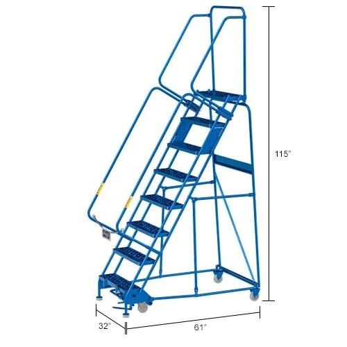 NEW 8 Step Steel Rolling Ladder, 24″W Perforated Step!!
