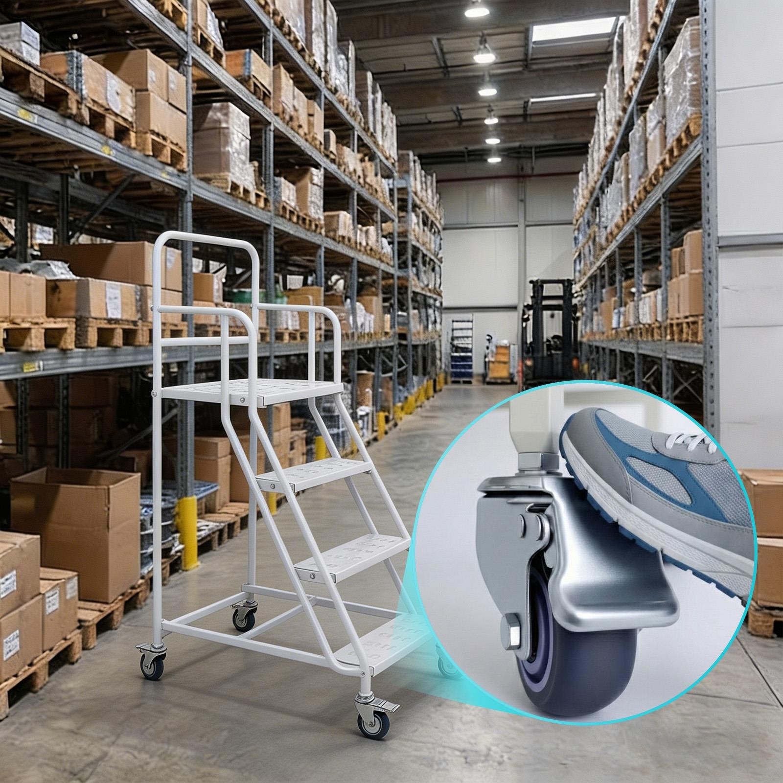 4 Steps Rolling Stair 50″ Industrial Warehouse Ladder Floor Standing Stair 880Lb