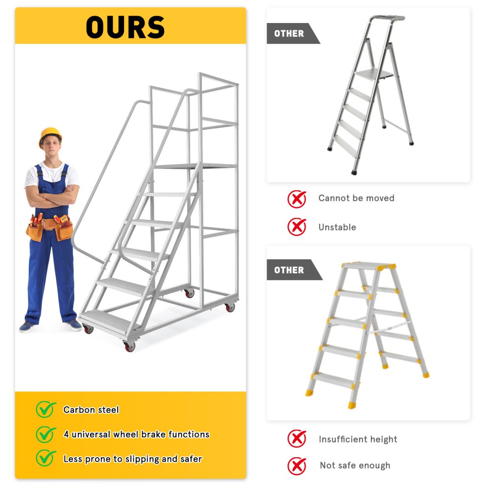 6 Step Rolling Ladder w/Wheel 1200LB Non-Slip Tread Industrial Rolling Staircase