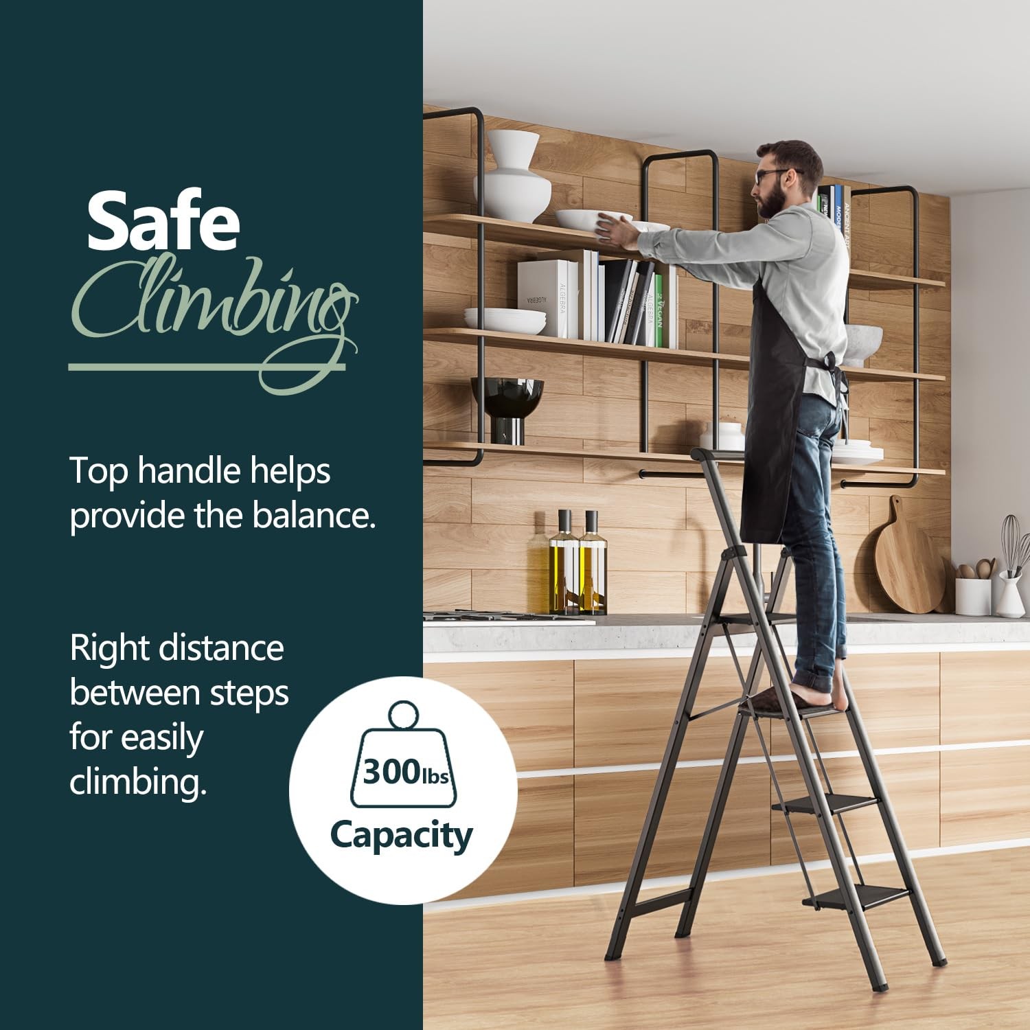 WOA 4 Step Ladder, Ladders for Home, Anti-Slip Aluminum 4 Step, Black