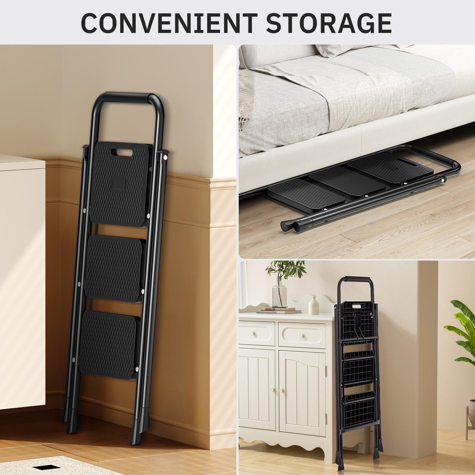 3 Step Ladder Step Stool Foldable 800lbs Portable Ladder Wide Pedal for Home