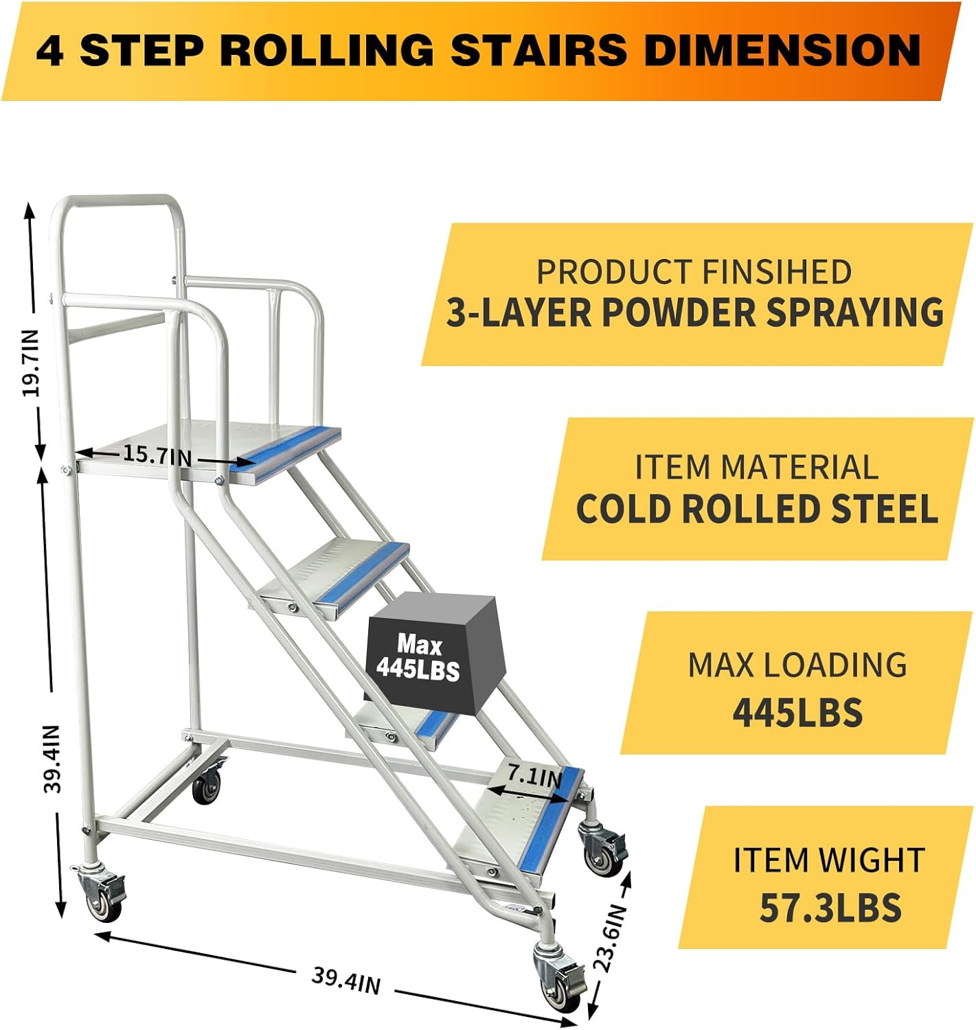 Portable 4-Step Rolling Stairs with Wheels, 445Lbs Capacity, Non-Slip Design