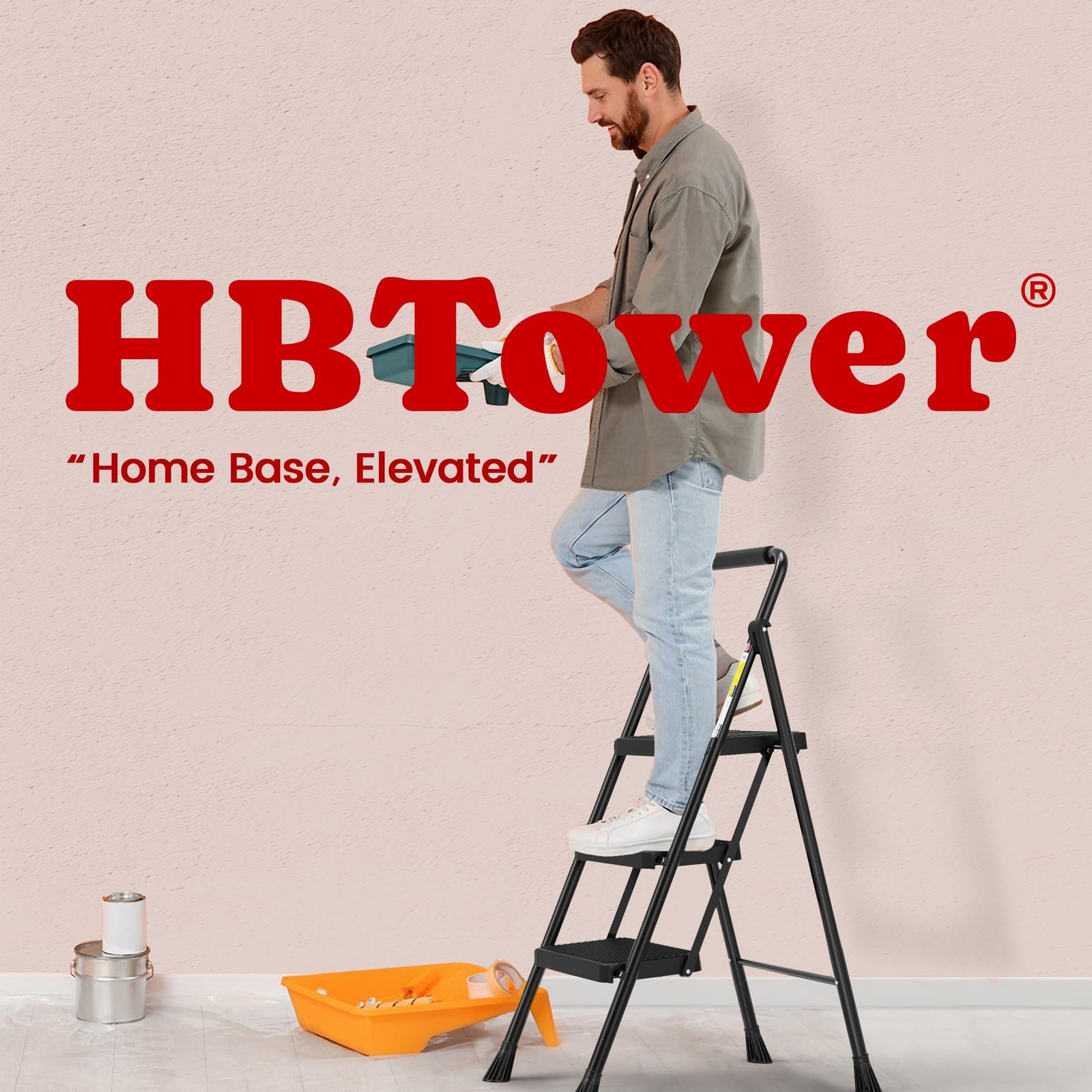 HBTower Step Ladder, Folding Stool with Wide 3 Black