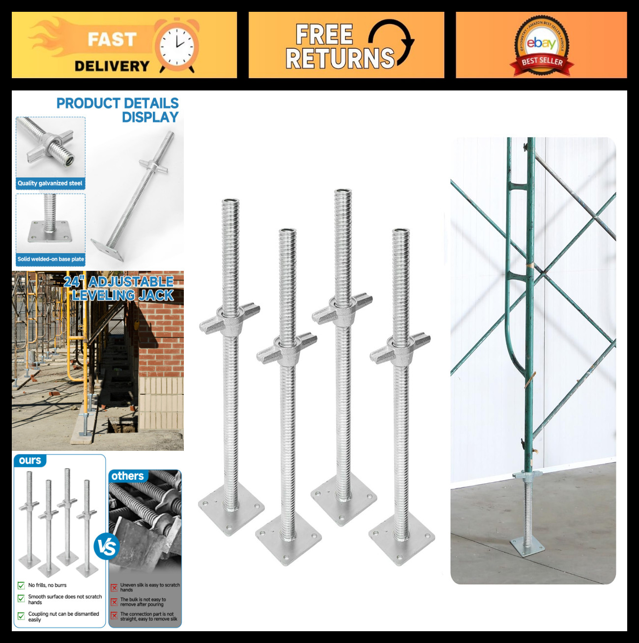 4 Pcs 24″ Adjustable Scaffold Leveling Jacks, Galvanized Screw Jack with Base Pl
