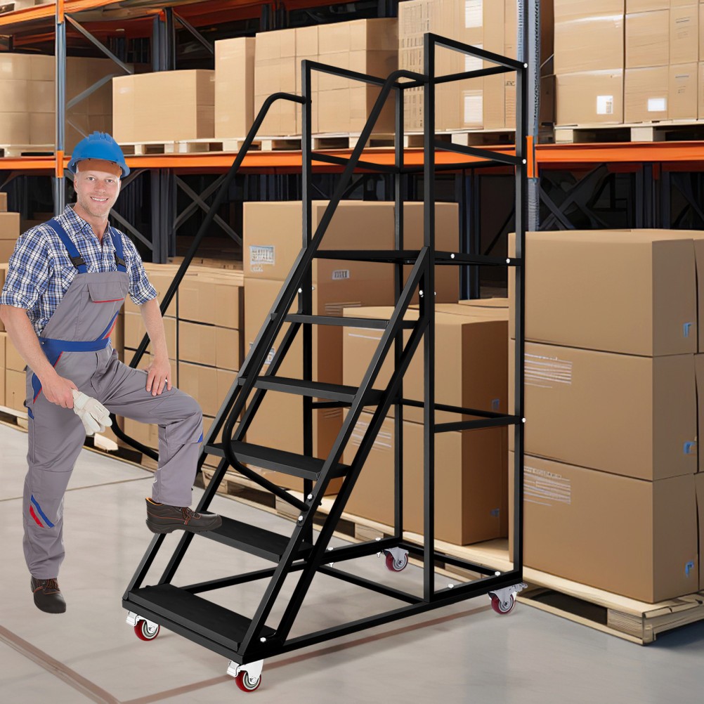 6-Step Rolling Ladder &4 Brake Wheel 1213LBS Heavy Duty Mobile Warehouse Ladder