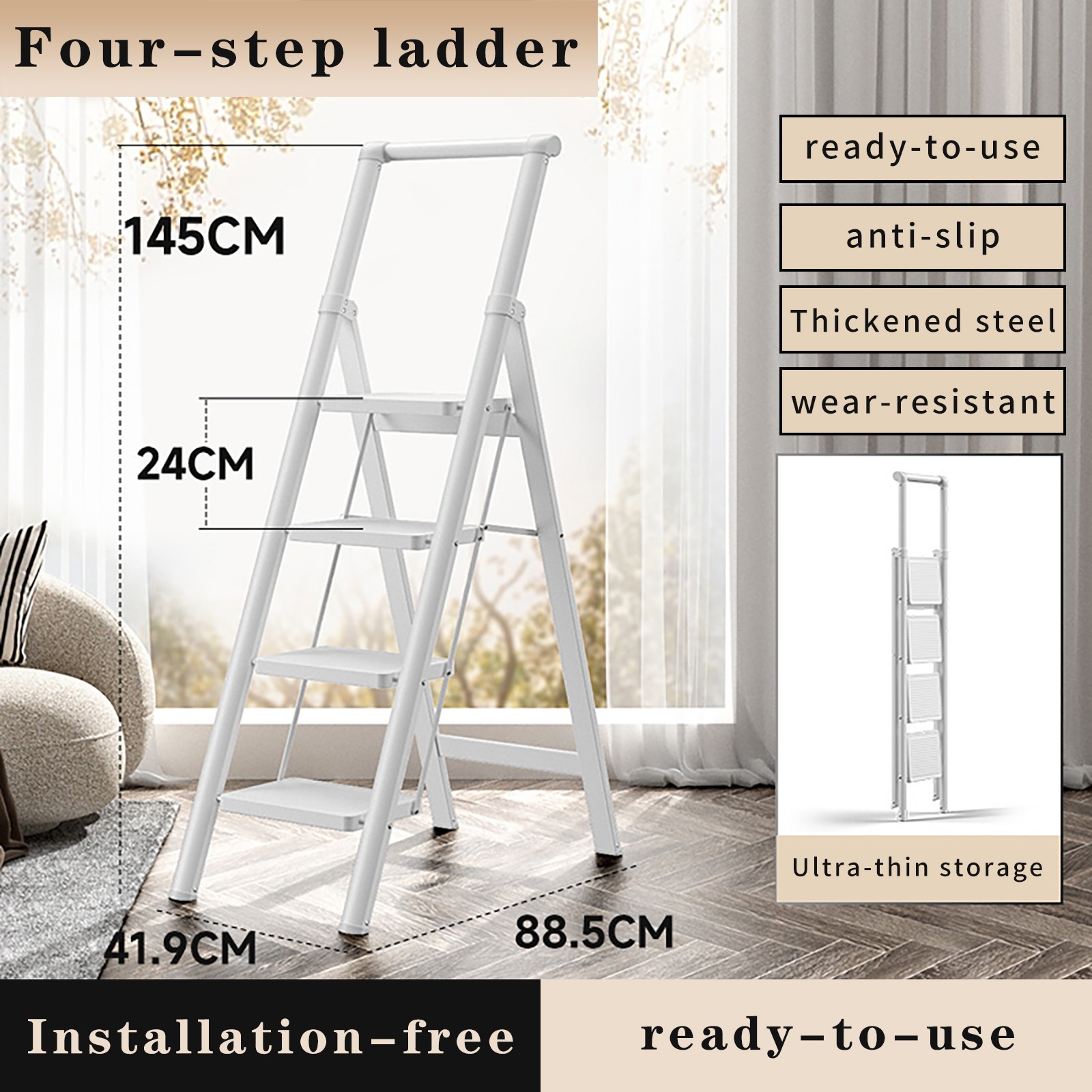 4 Step Ladder, Foldable Step Stools for Adults Anti-Slip Pedal, Lightweight.