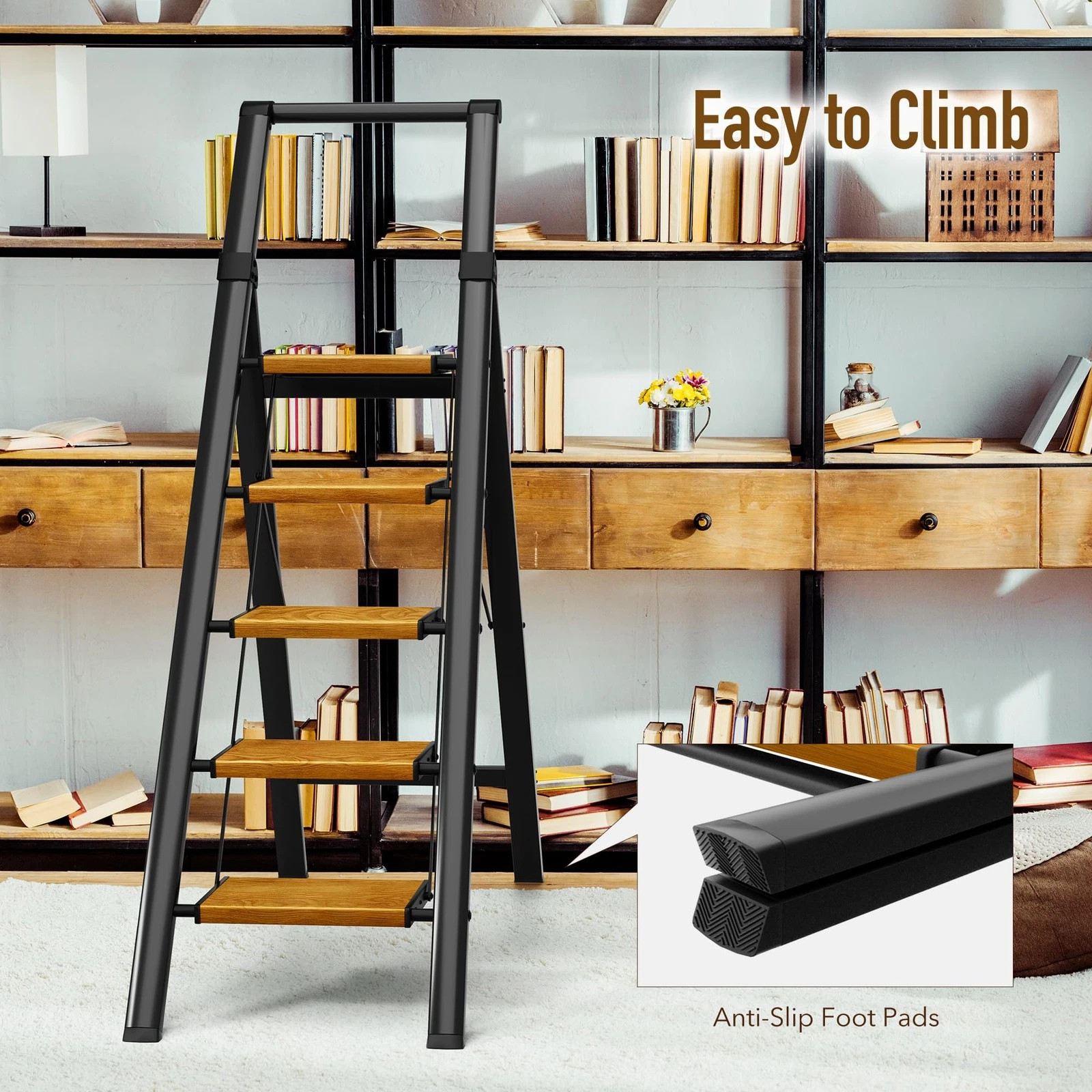 Black Woodgrain 5 Step Aluminum Ladder Foldable Handrail 330lbs Anti-Slip