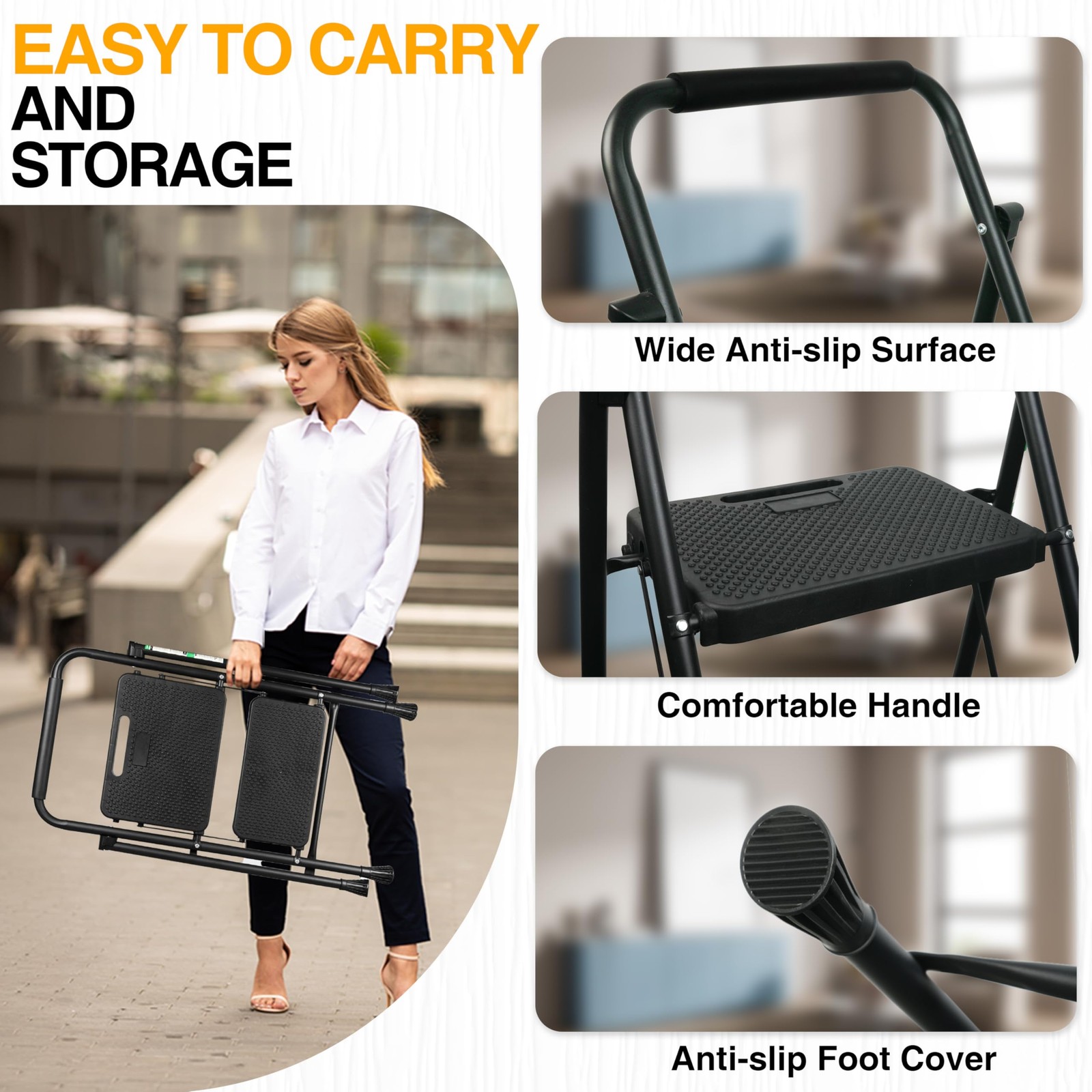 Step Ladder, Portable Steel Folding Stool with Wide 2-Step, Black