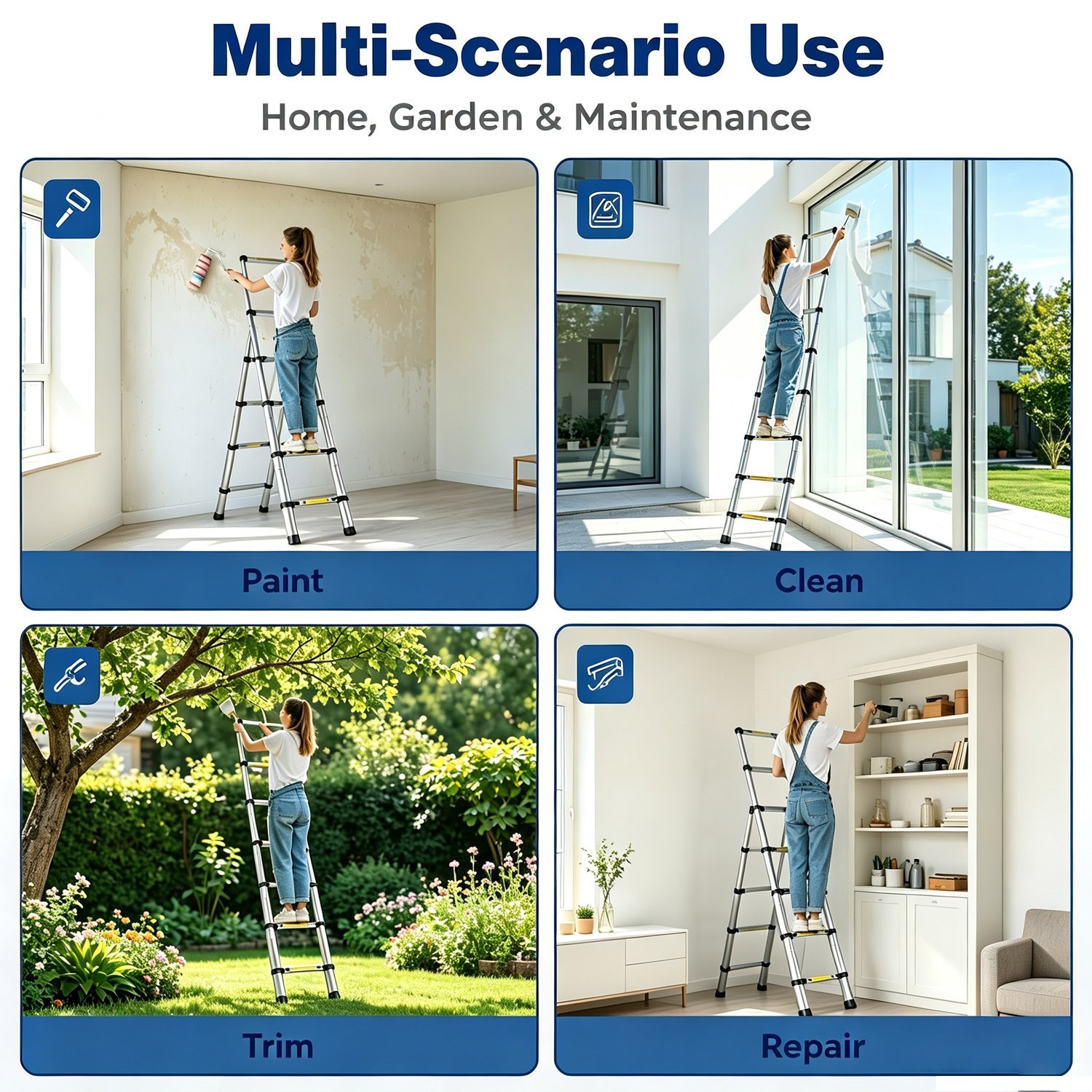 8.5FT-16.5FT Folding Telescopic Aluminum Ladders Lightweight Collapsible Ladder