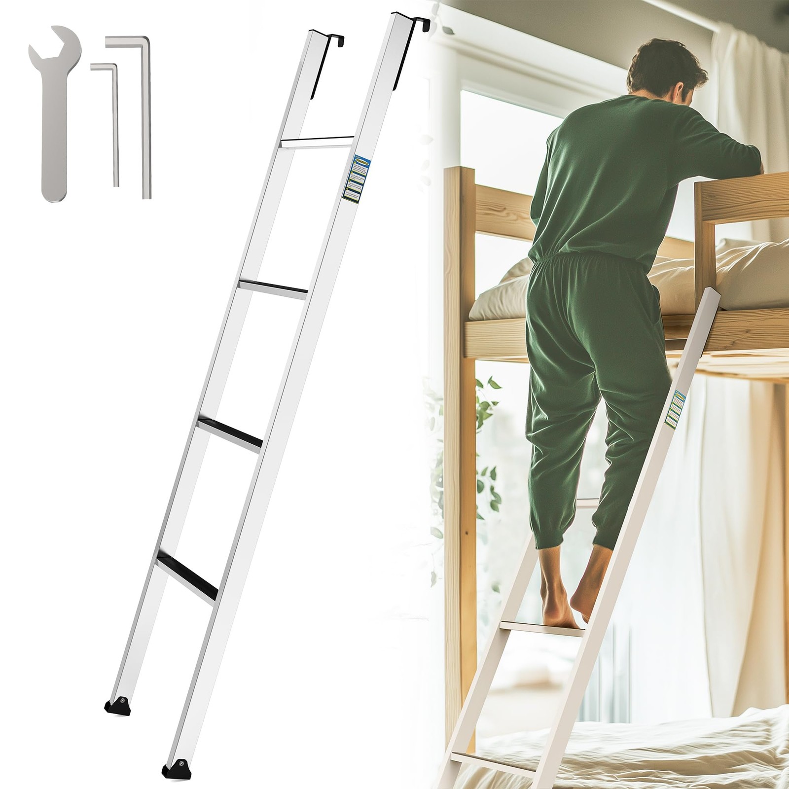 Integrated Bunk Bed Ladder with 57″-61″ Height Range, RV Deep Steps, White