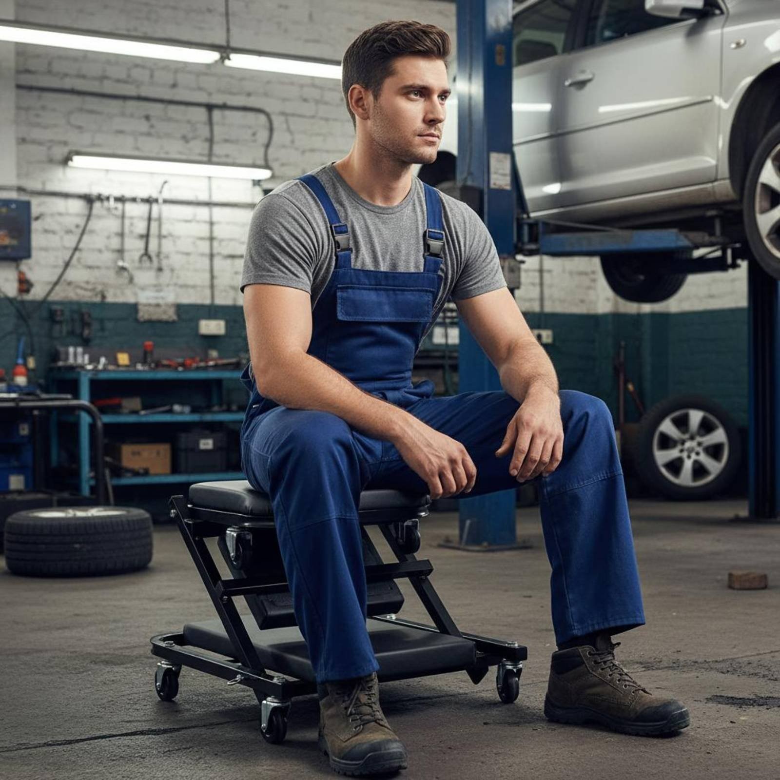 Folding Mechanic Stool Sturdy-Duty Steel Frame Garage Shop Seat for Mechanics