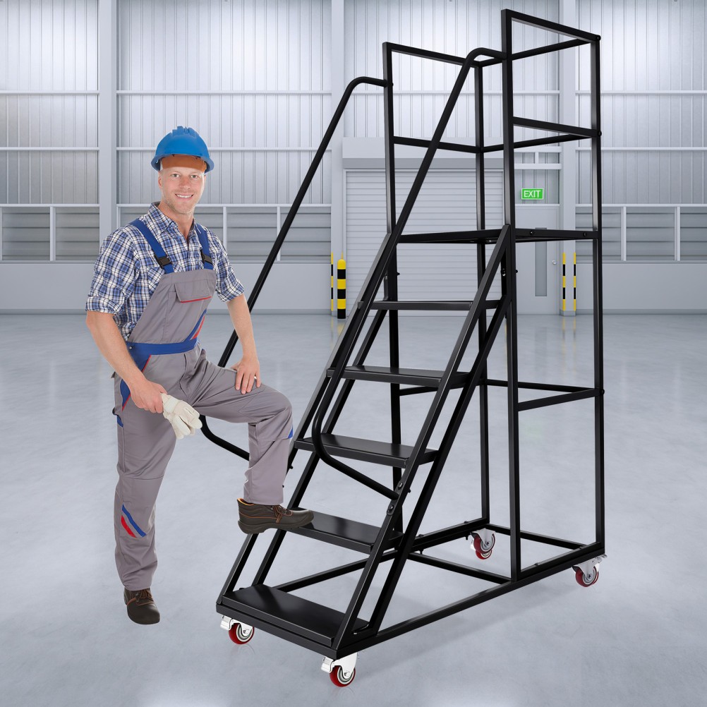 6 Steps Carbon Steel Rolling Platform Step Ladder Safety Non-Slip Stairs 1213lbs