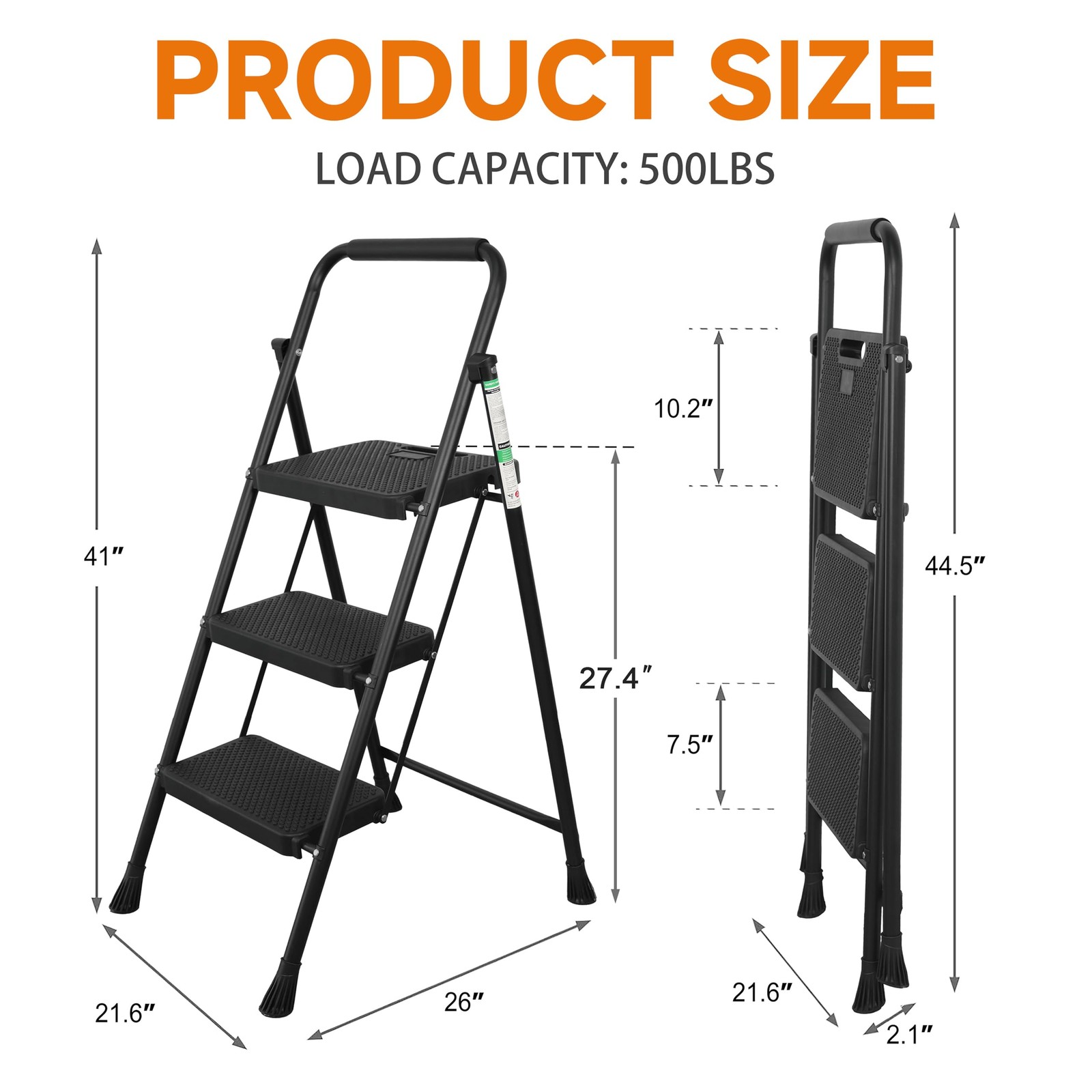 Arbusb Step Ladder, Folding Stool with Wide Anti-Slip 3-step, Black