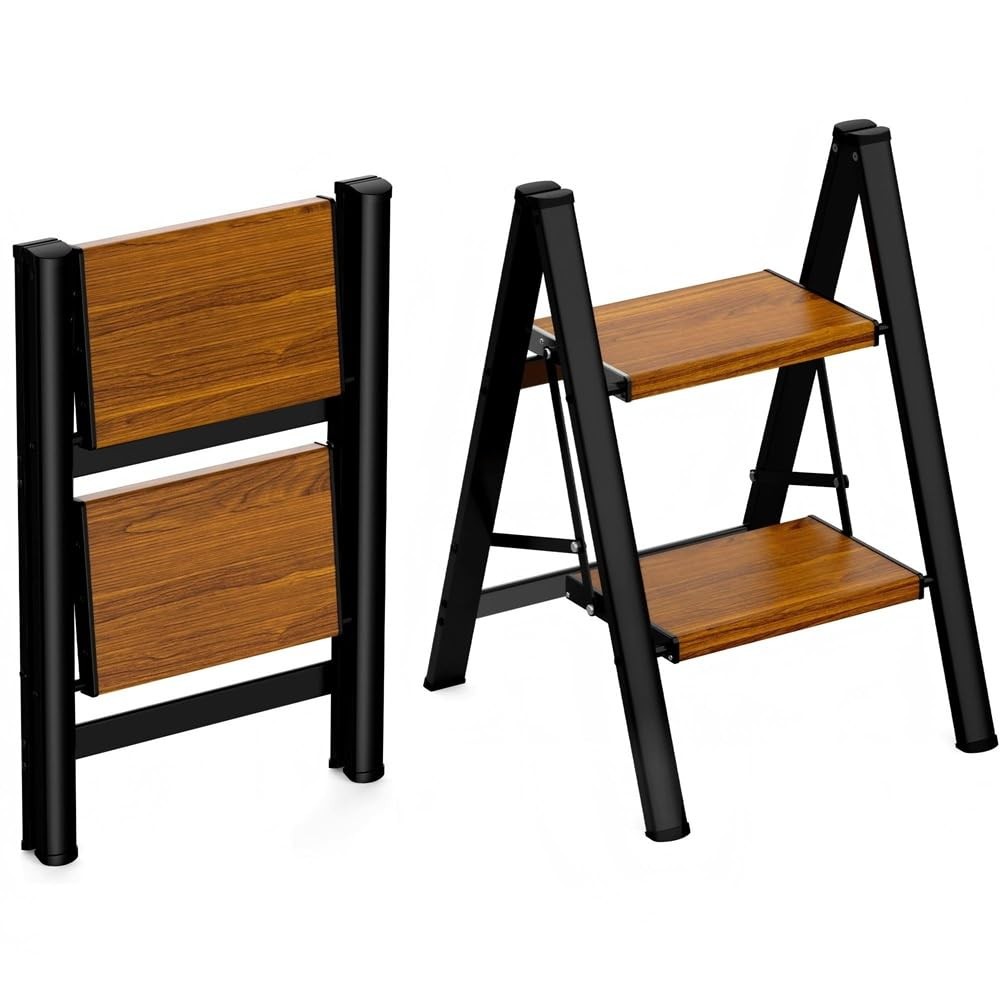 HBTower Step Ladder,Lightweight Aluminum Folding 2 Step, Black&woodgrain