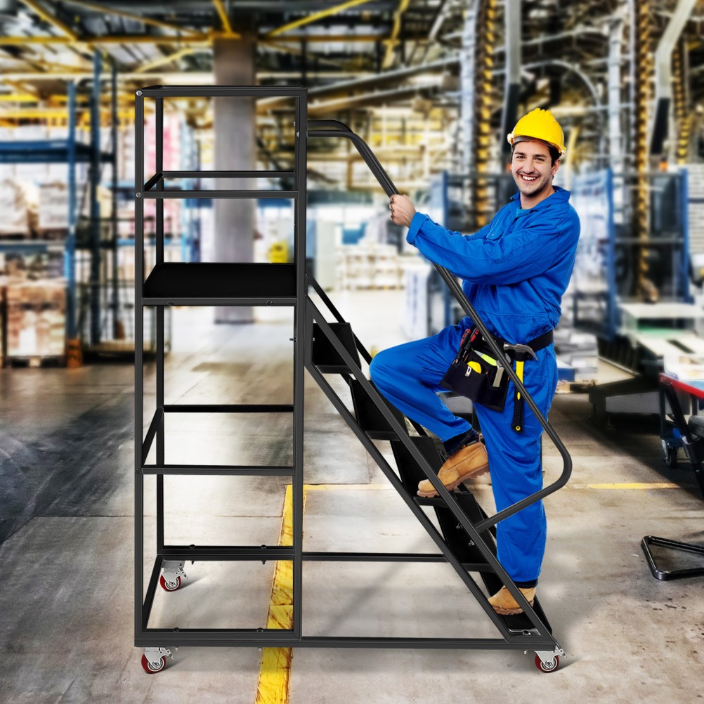6-Step Rolling Large Platform Ladder with Lockable Wheels Non-Slip Wide Steps