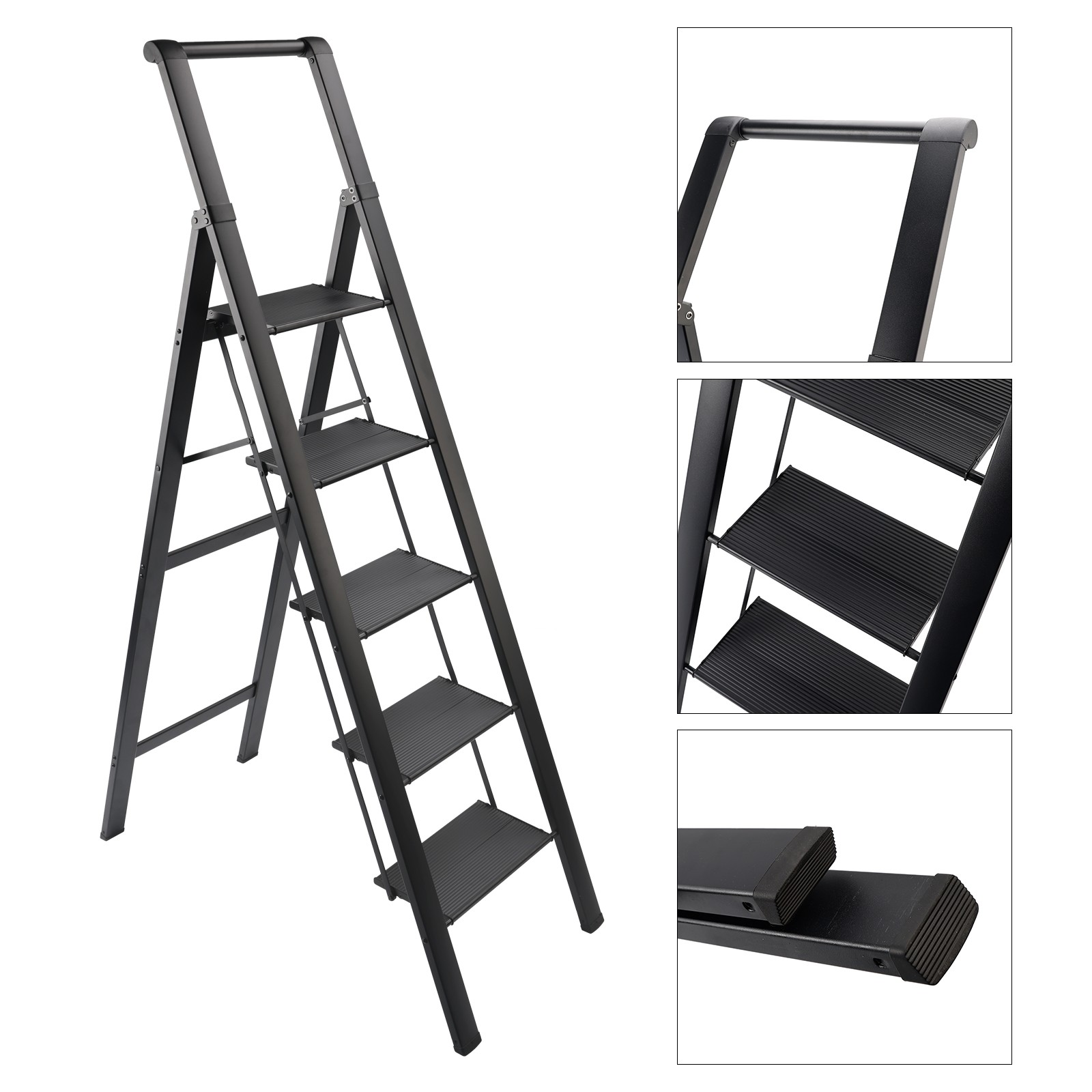 5Step Ladder, Foldable Step Stool, Aluminum Step Ladder with Anti-Slip Pedal