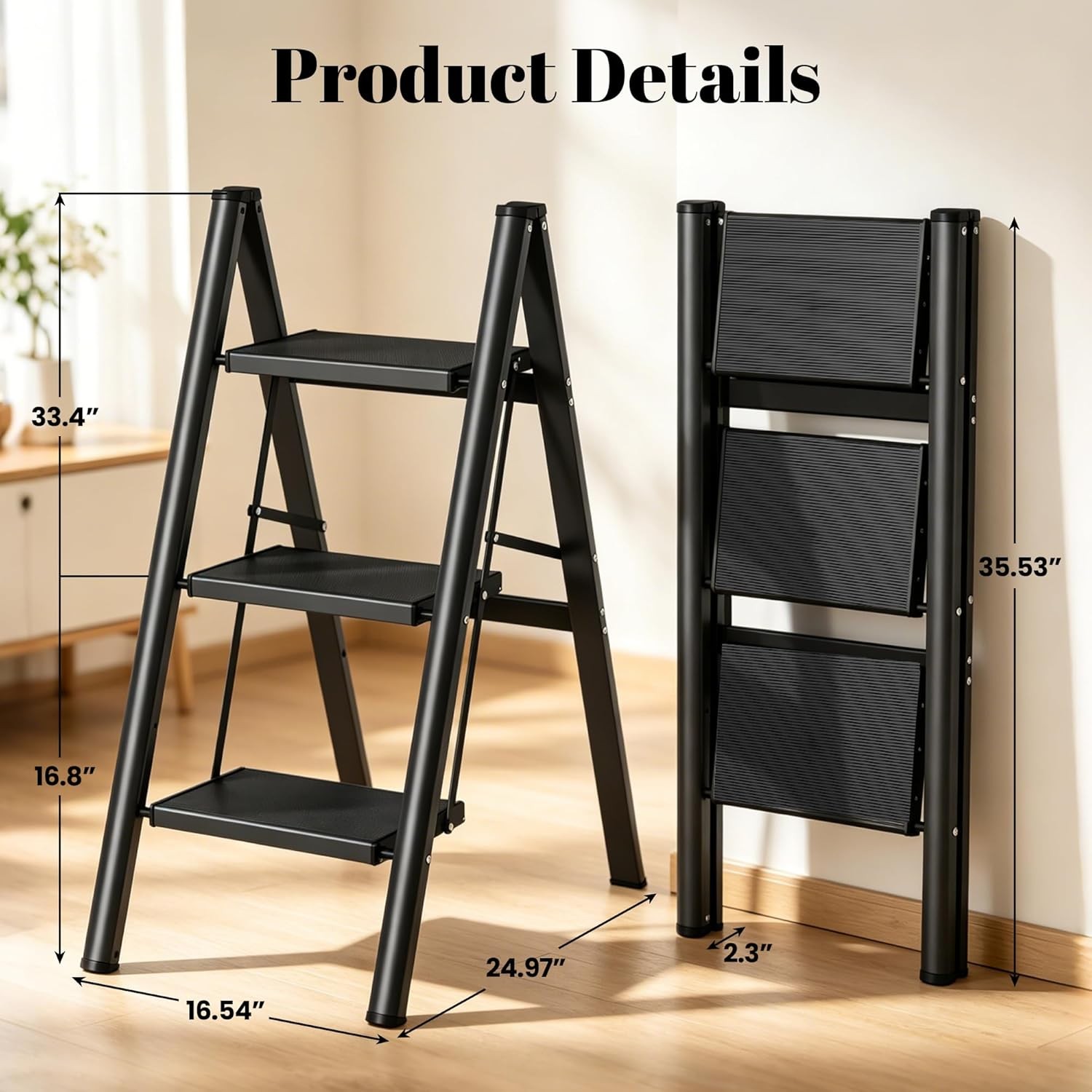 3 Step Aluminum Folding Ladder Step Stool Black 330 lb Anti-Slip Pedal