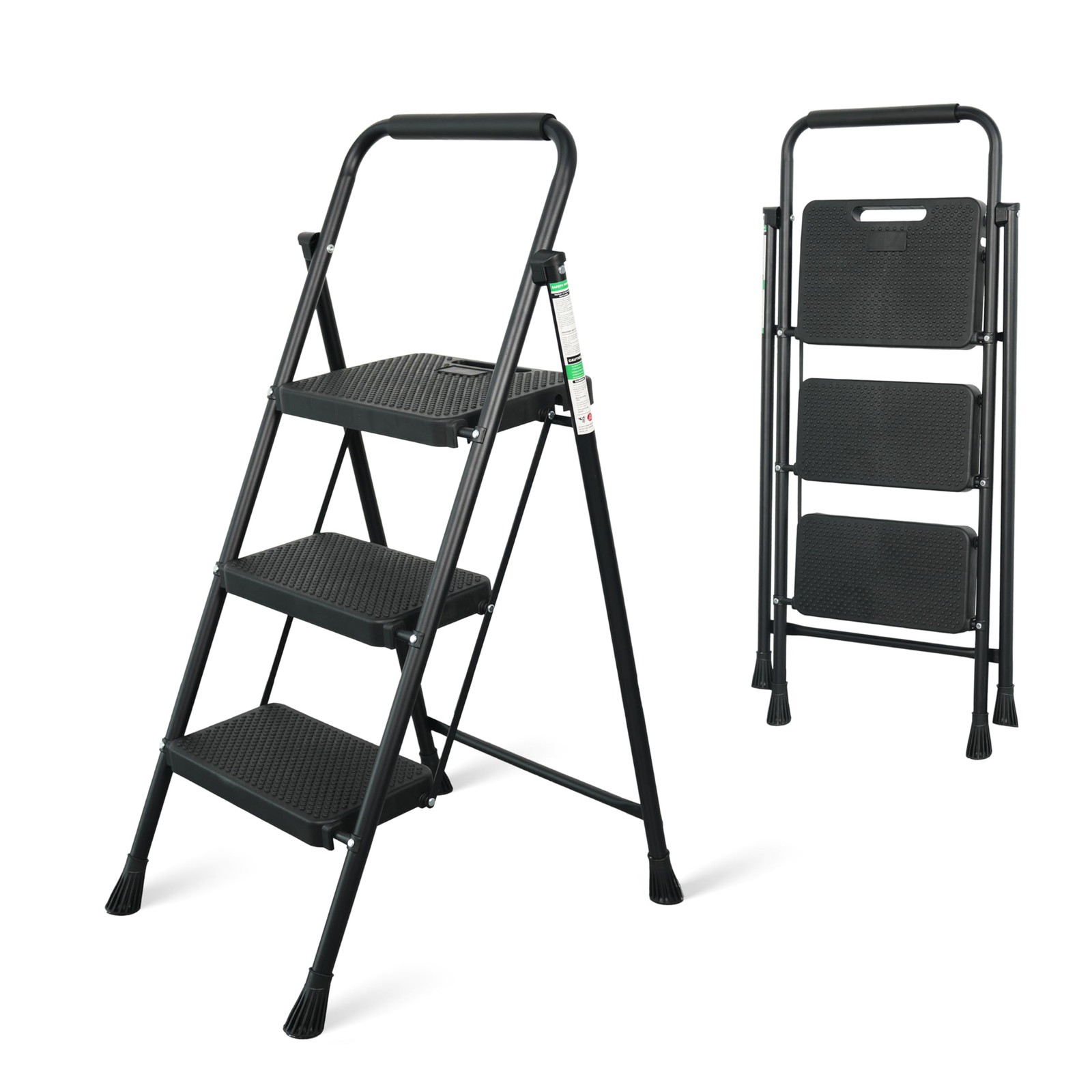 Step Ladder, Portable Steel Folding Stool with Wide 3-Step, Black