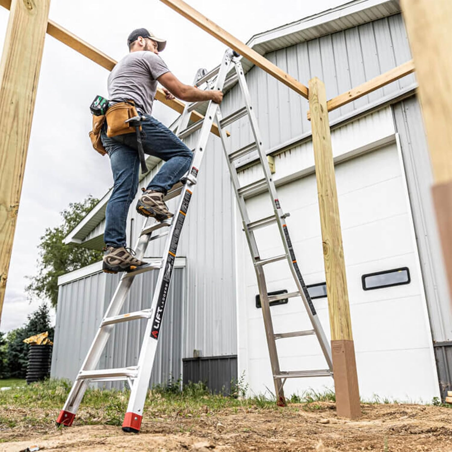 22 Foot Reach Adjustable in Multi Position Lightweight Aluminum Step Ladder wi