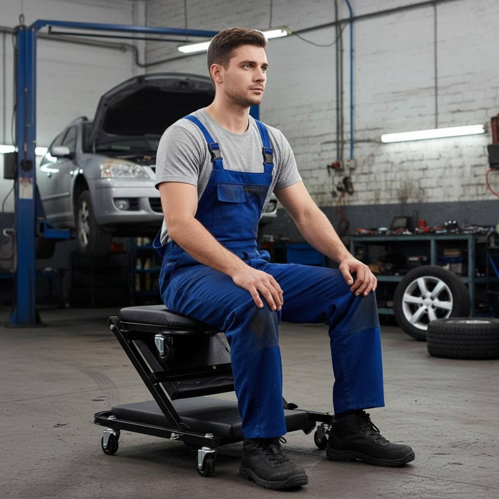 Folding Mechanic Stool Sturdy-Duty Steel Frame Garage Shop Seat for Mechanics