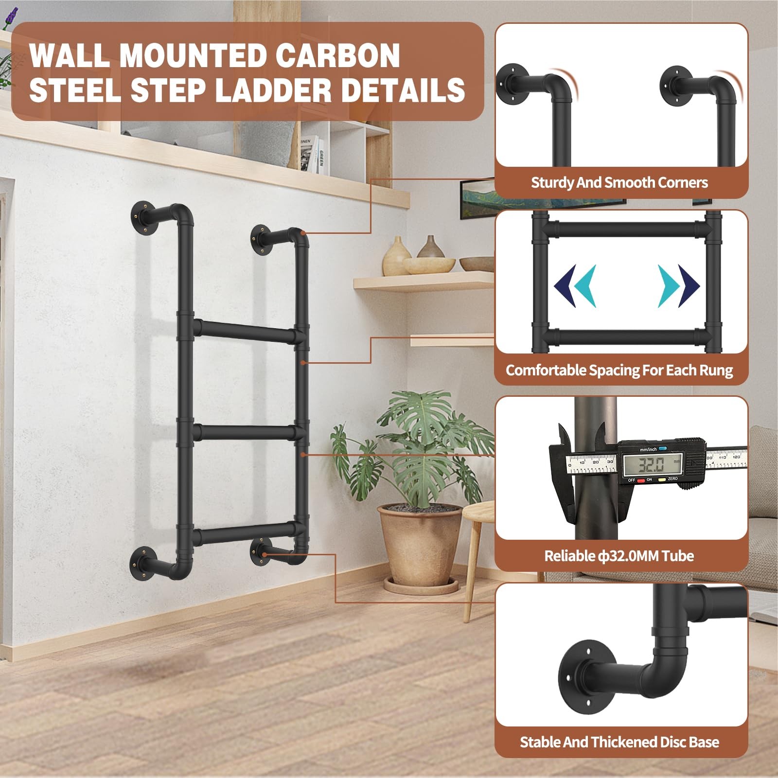 3-Rung Wall Mounted Metal Step Ladder, Basement Window Well 3.2FT, Black