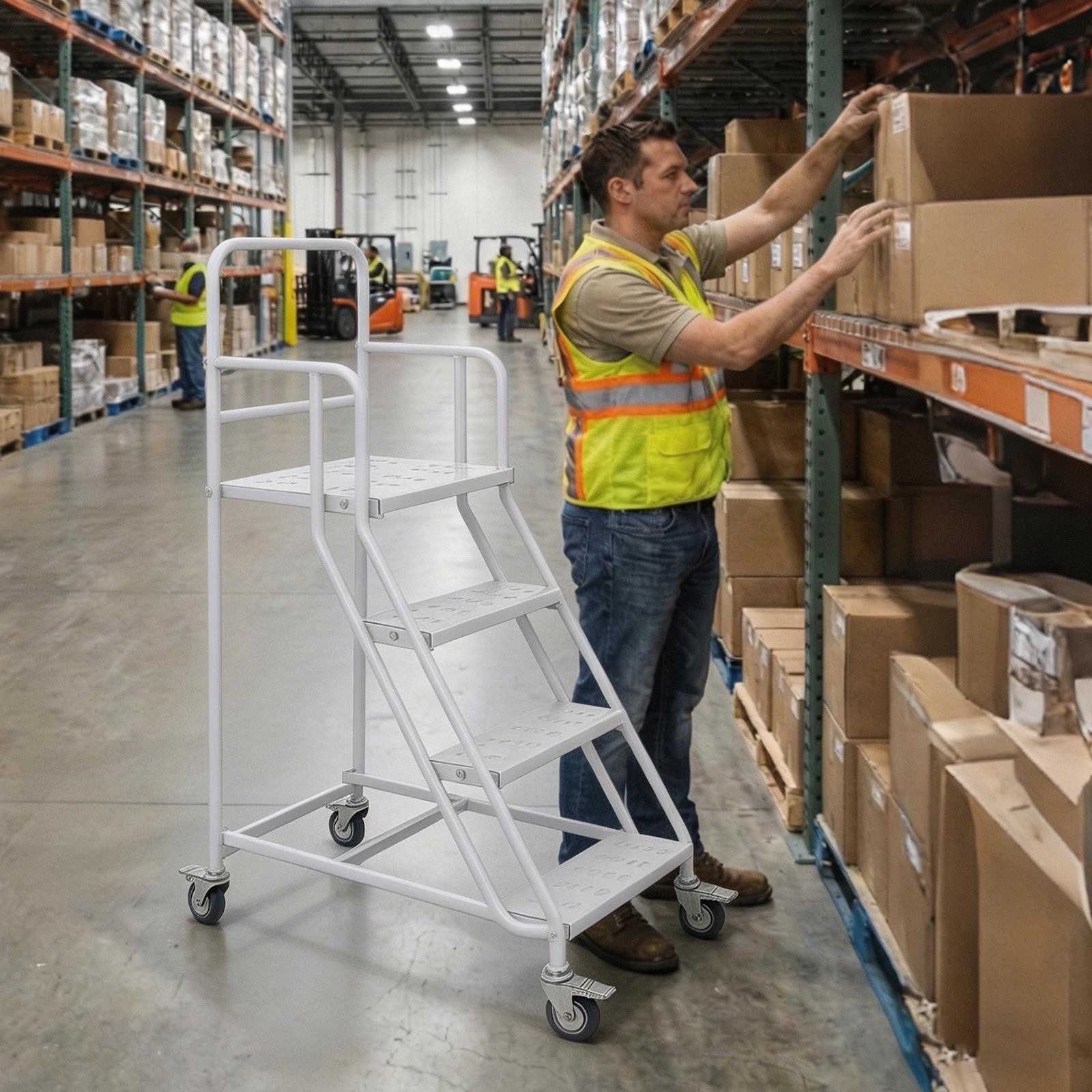4 Steps Rolling Stair 50″ Industrial Warehouse Ladder Floor Standing Stair 880Lb