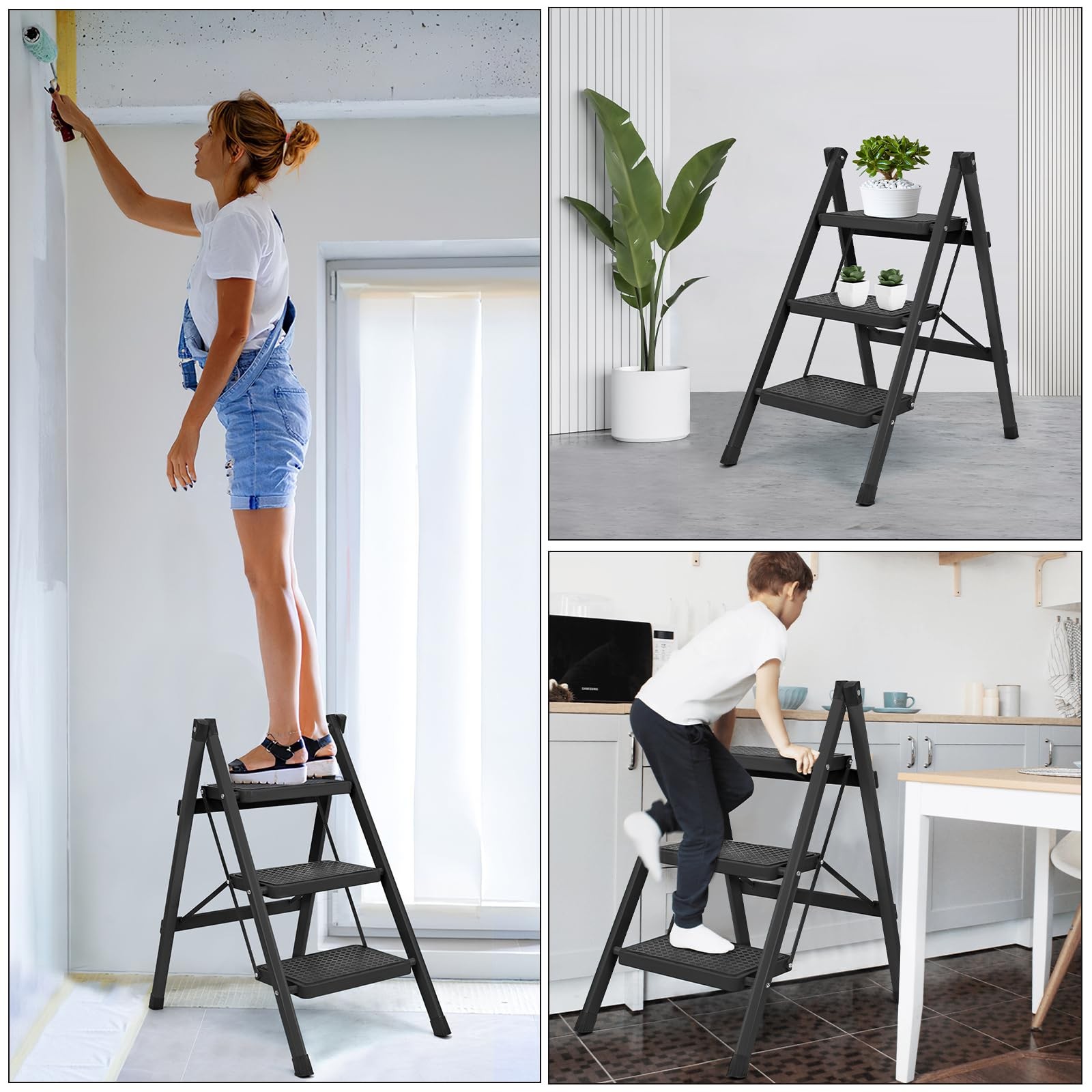 3 Step Ladder, Folding Stool for Adults, 3 – Black – Standard