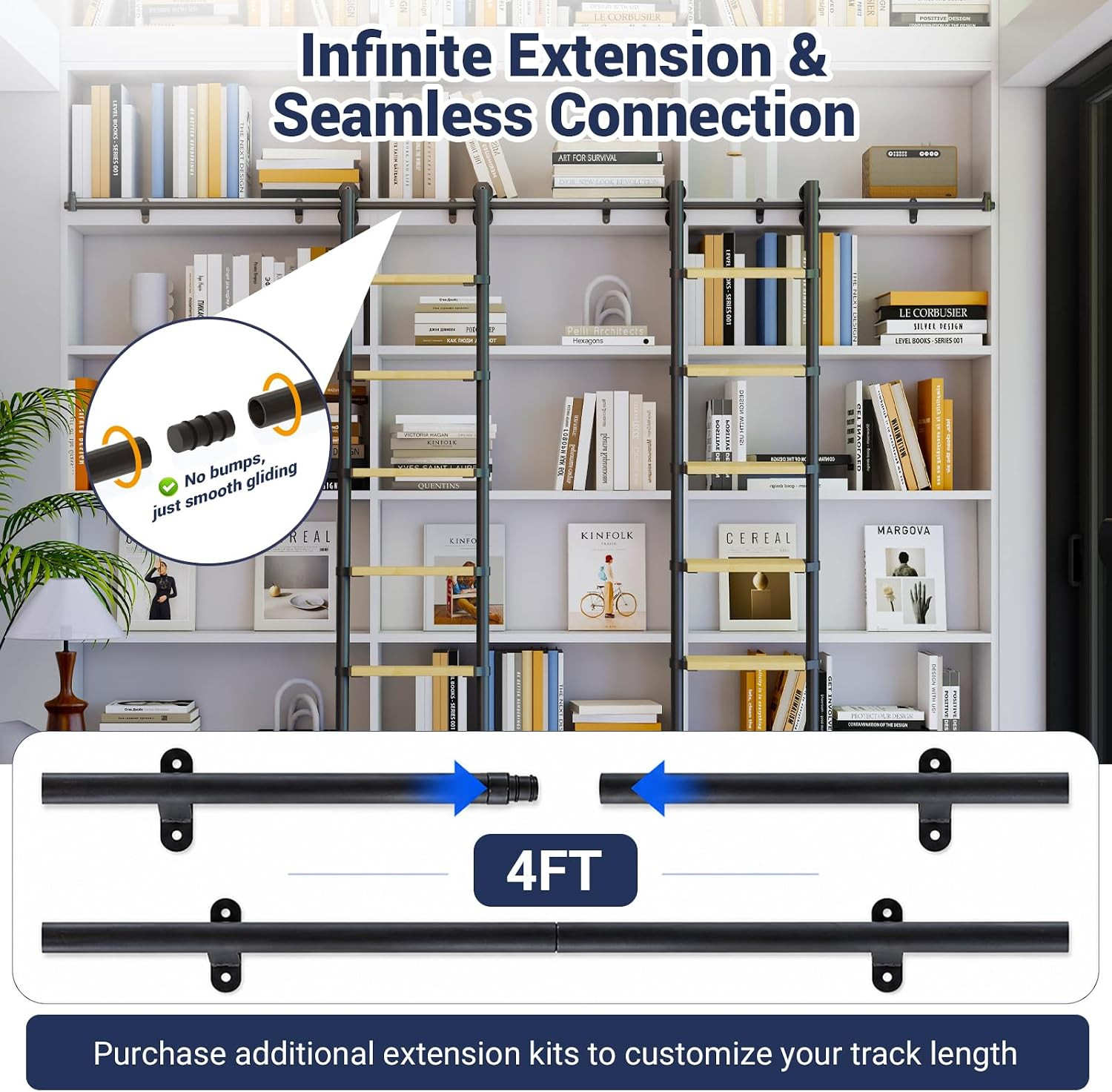 100″ Sliding Library Ladder with 8FT Track – Solid Oak & Aluminum Frame