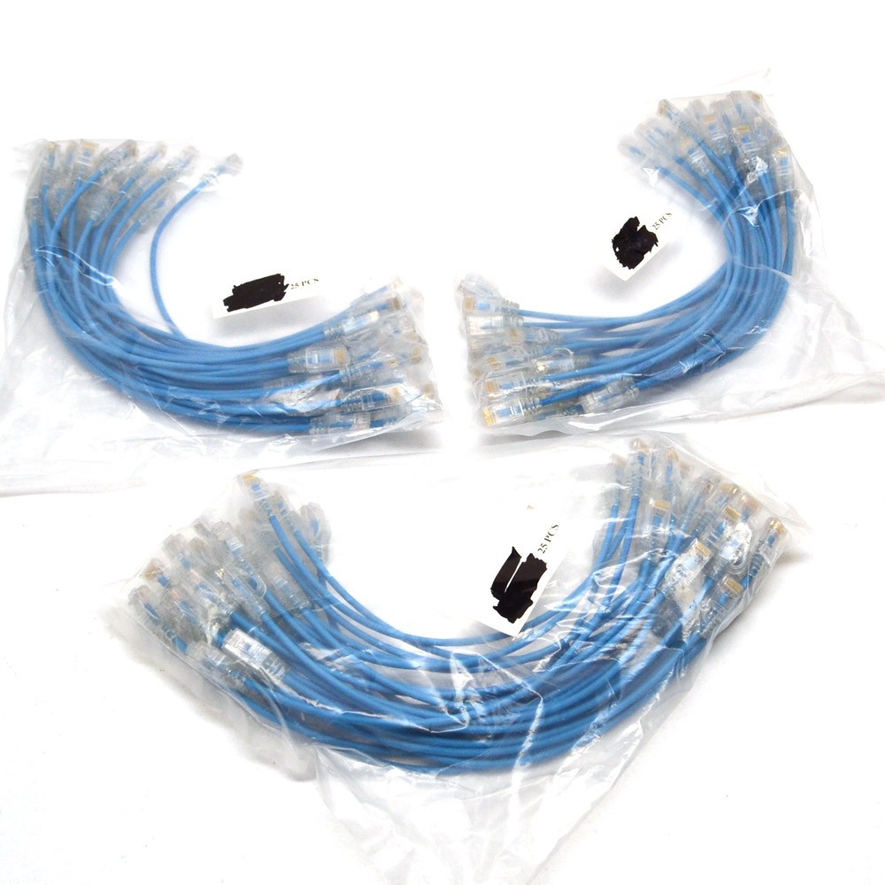 (75) NEW Blue 1FT UTP Cat 6 Slim 12″ Ethernet Patch Cable 28AWG Type 4PR