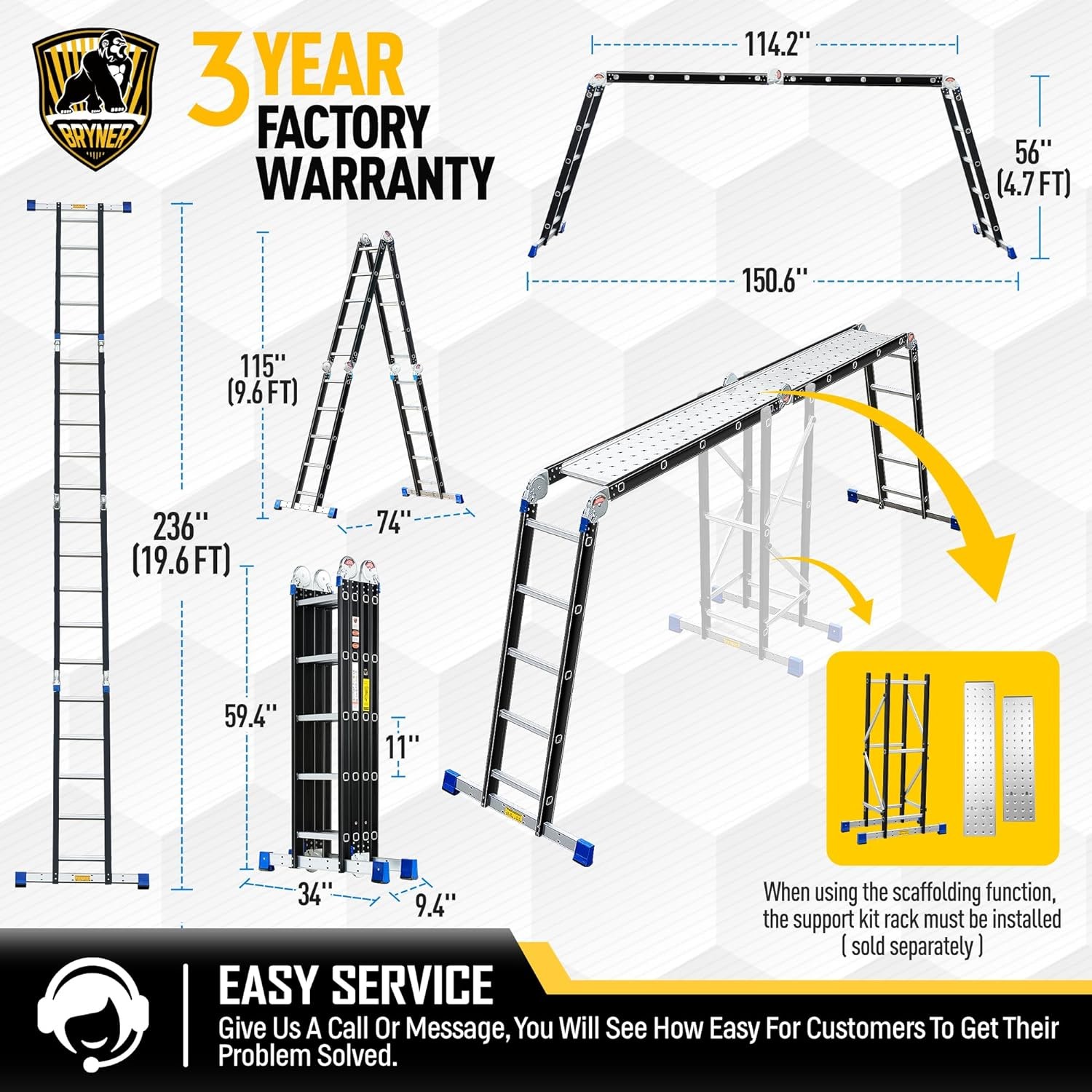 Step Folding Ladder 19.6ft Multi-Purpose Aluminium Extension Ladder 7 in 1