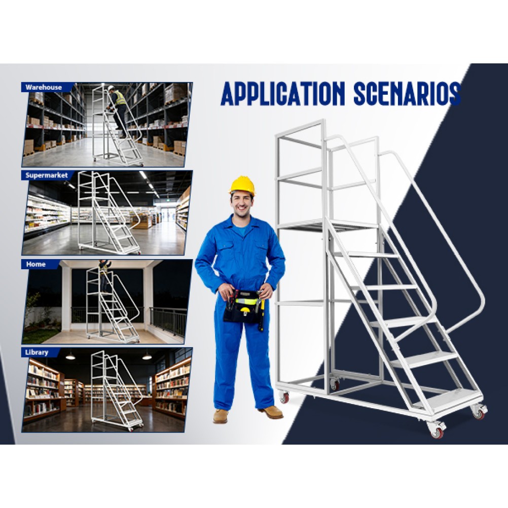 6-Step Rolling Ladder 1213LBS, Heavy Duty w/ Platform & Guardrails for Warehouse