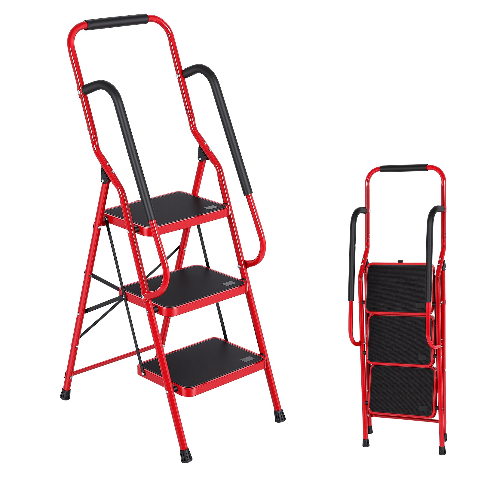 3 Step Ladder with Handrails, Portable Folding Step Stool with Safety Lock，Red