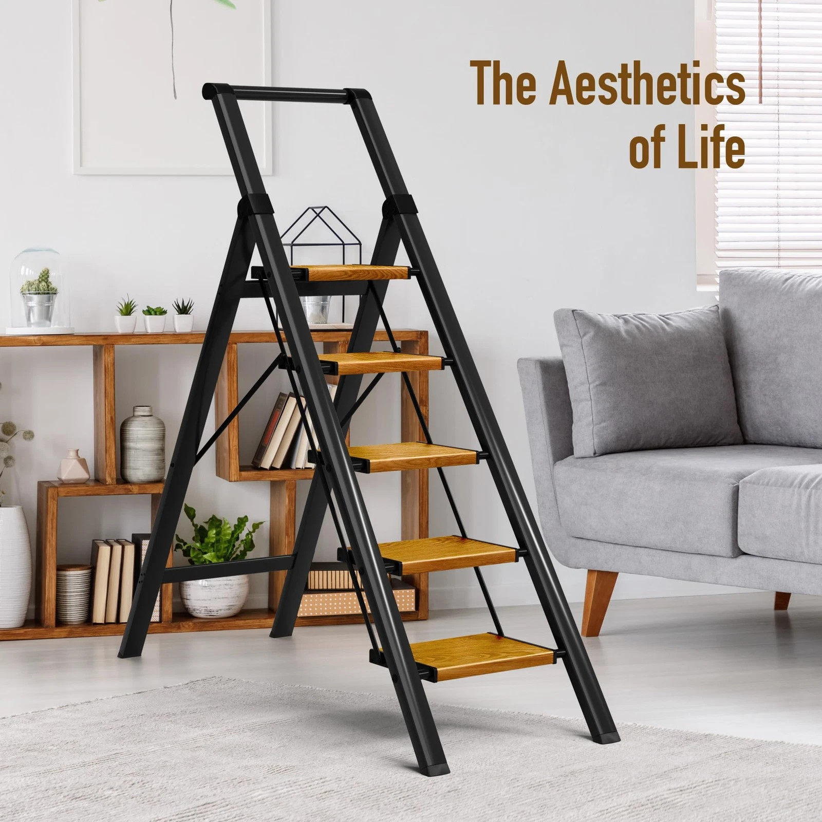 Black Woodgrain 5 Step Aluminum Ladder Foldable Handrail 330lbs Anti-Slip