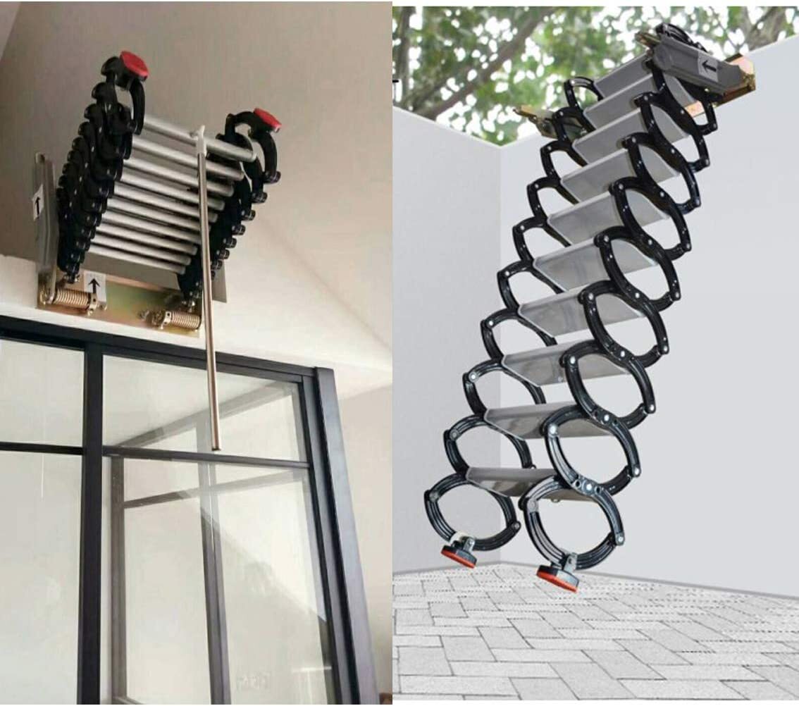 Black Attic Folding Ladder 8.2ft-9.8ft Narrow Wall Mounted Pull Down Loft Stairs