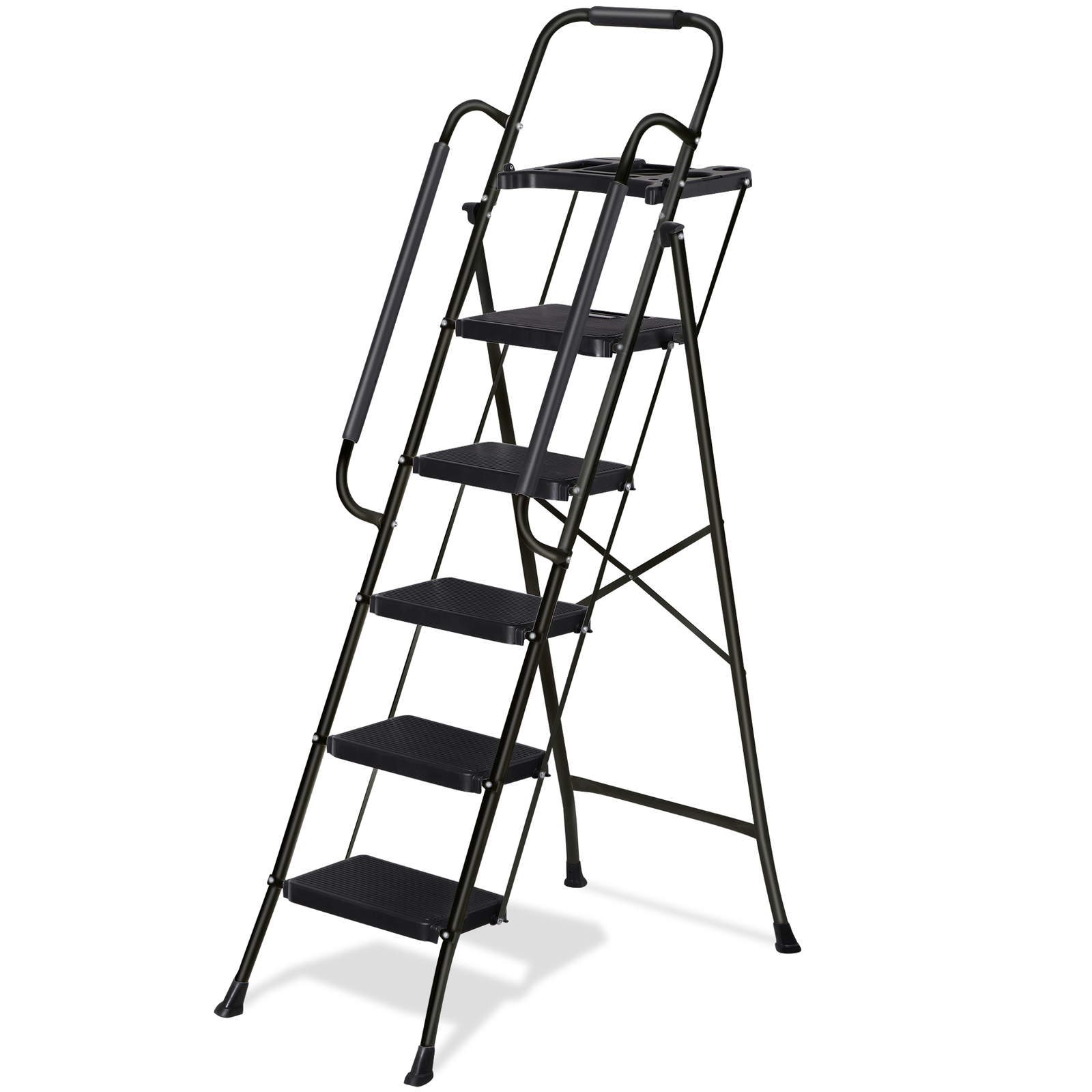5-Step Ladder Portable Folding Anti-Slip Steel Ladder w/Handrail Tool Tray Black