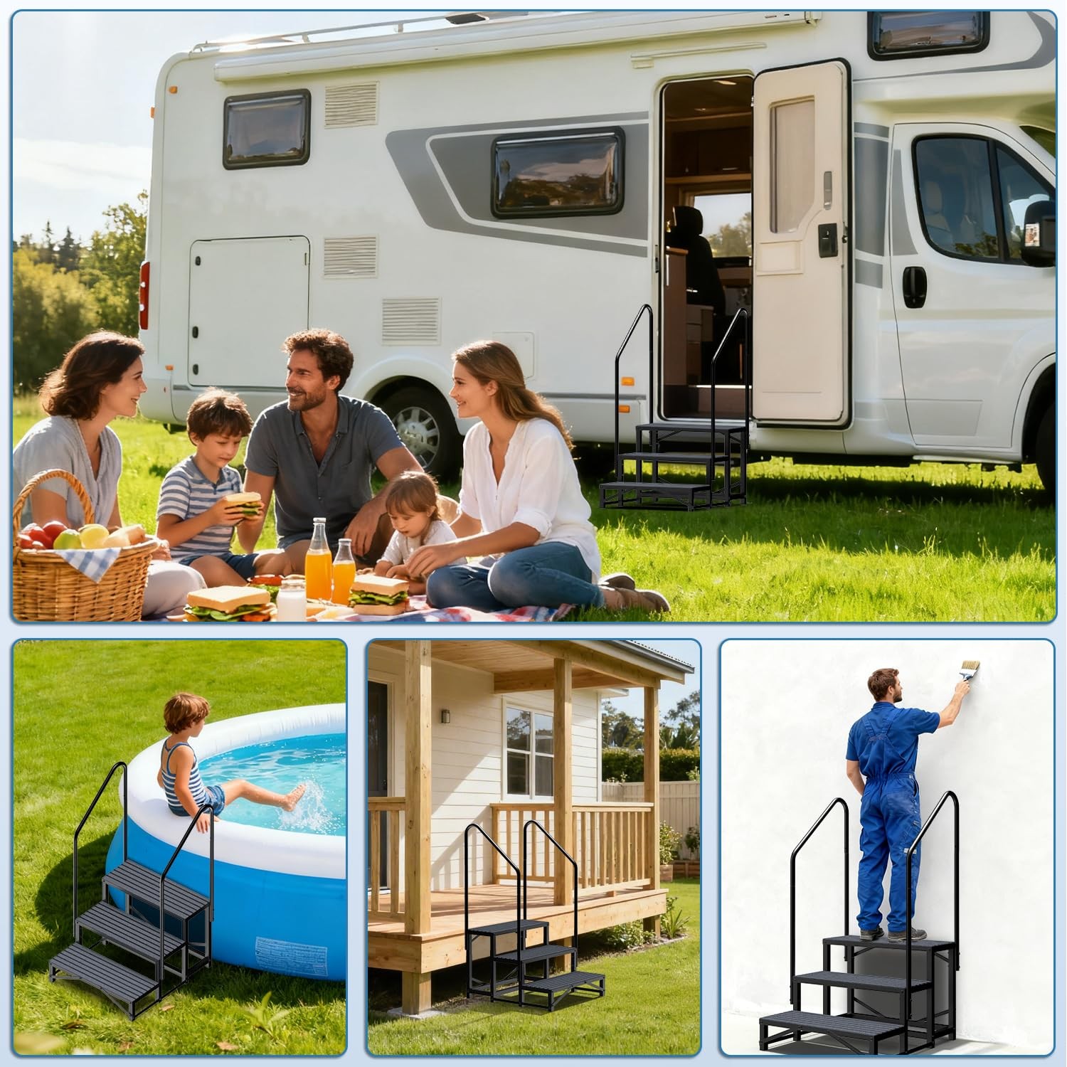 RV Steps with Handrail 3 Steps for Camper Trailer Mobile Home 660lbs Capacity