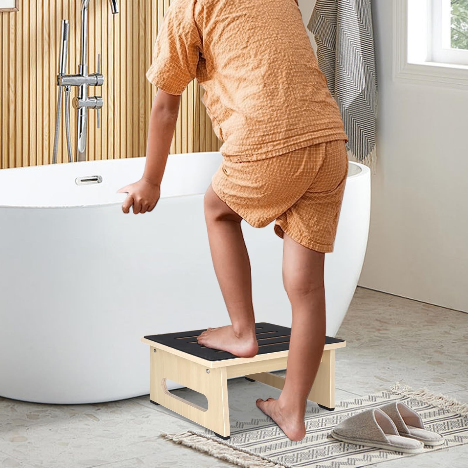 One Step Stool with Non-Slip Rubber Stepping Feet, Heavy 6.7inch, Natural