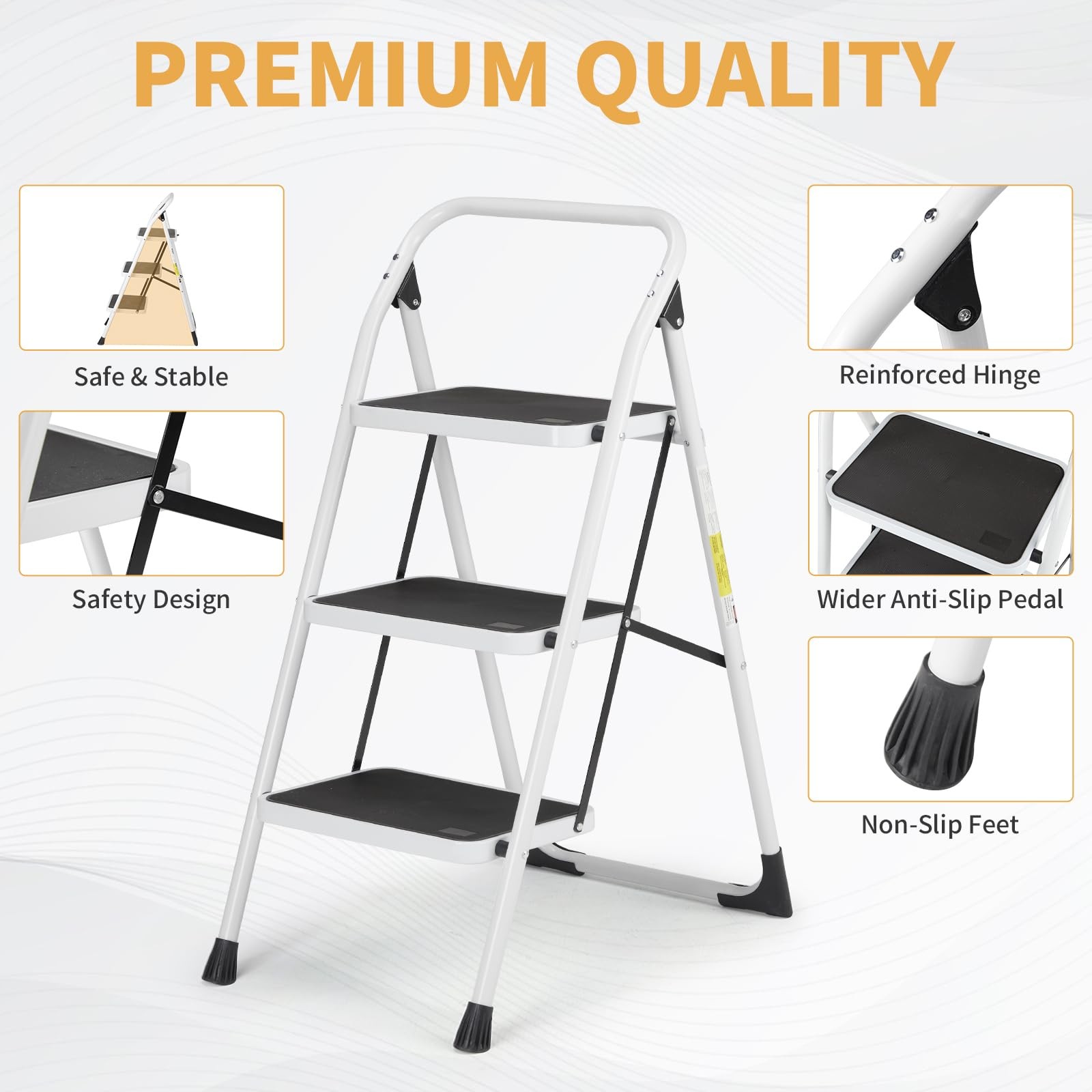 Winado 3 Step Ladder, Folding Stool with Wide Anti-Slip Black & White