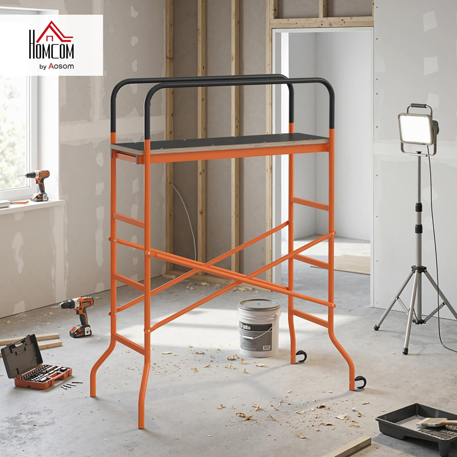 HOMCOM 4-Step Steel 4.6 X 2 X 6 Ft. Scaffold 2 Wheels Free Moving for Indoor & O