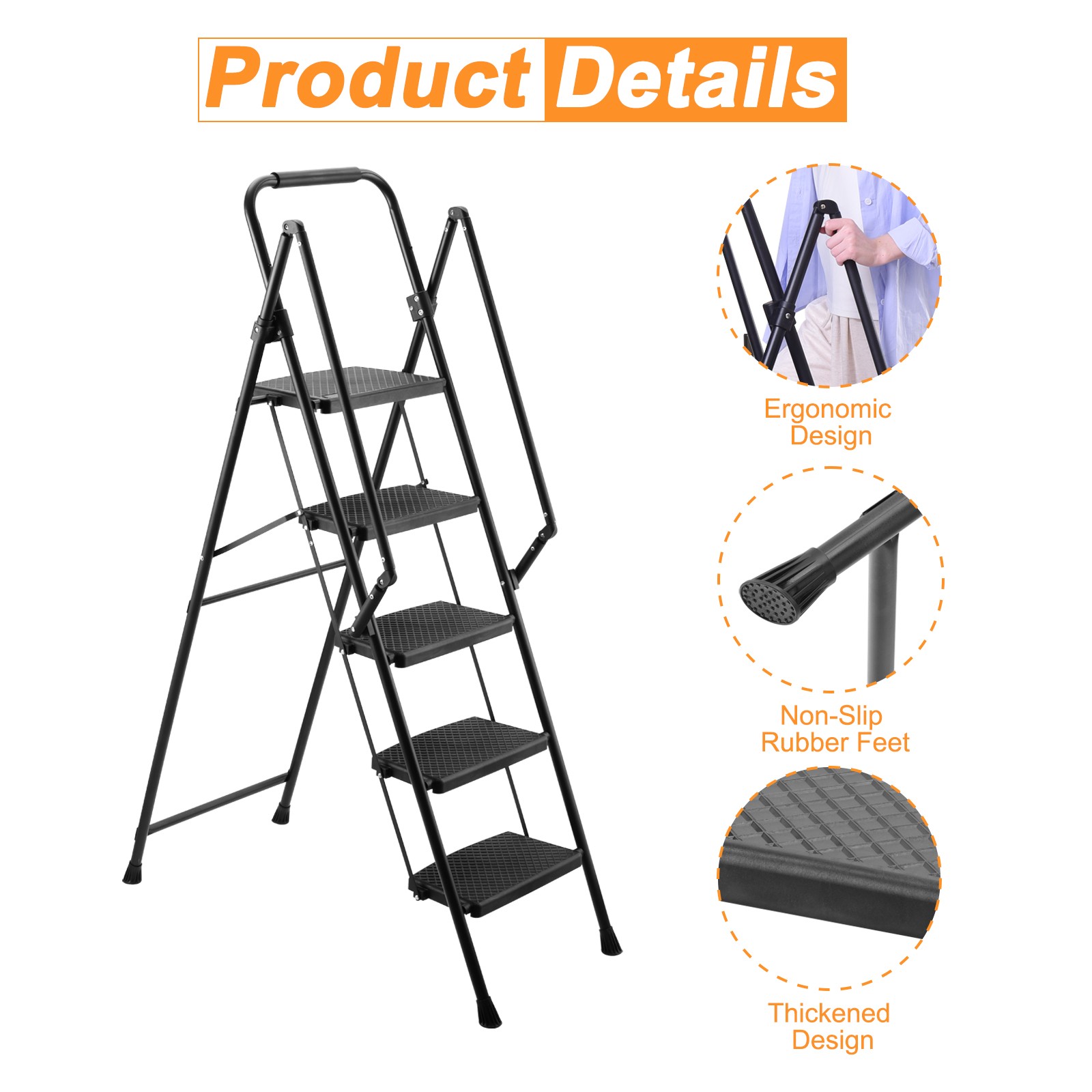5 Step Ladder Folding Ladder Stool with Anti Slip Wide Pedals Lightweight Black