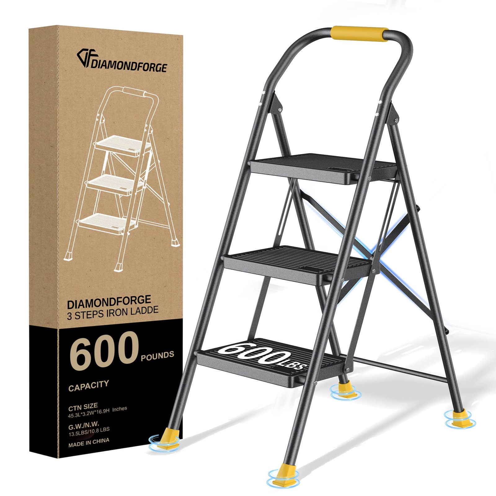 DIAMONDFORGE 3 Step Ladder 3 without Tool Platform, Black and Yellow