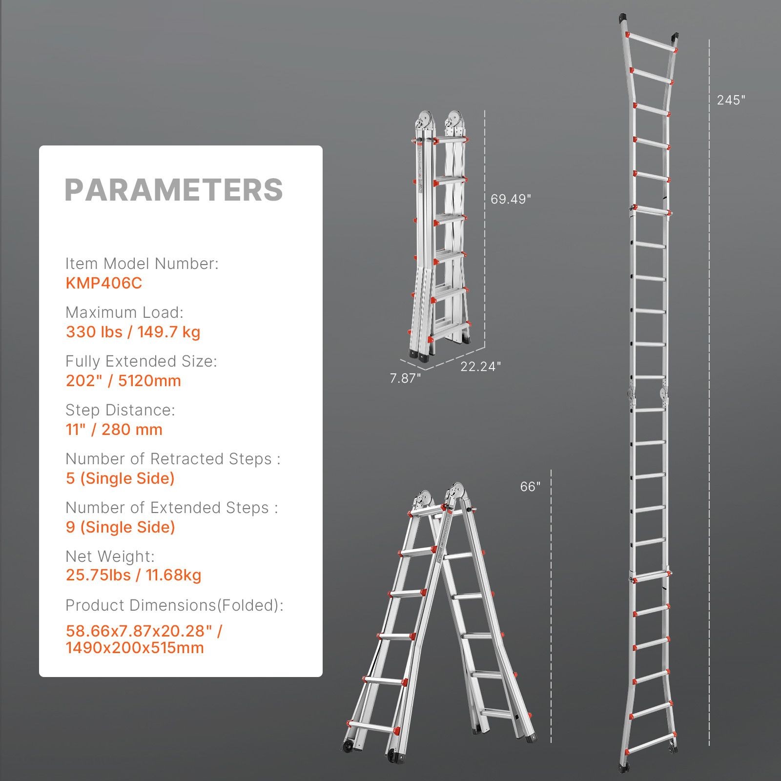 Telescoping Ladder A Frame, 20.5 FT Compact Aluminum Extension Ladder, Multi