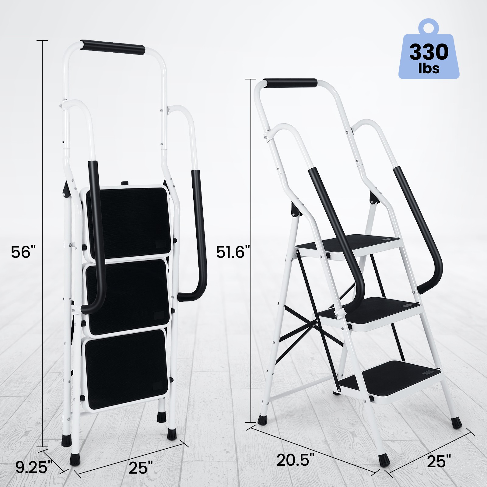 3 Step Ladder with Handrails, Portable Folding Step Stool with Safety Lock