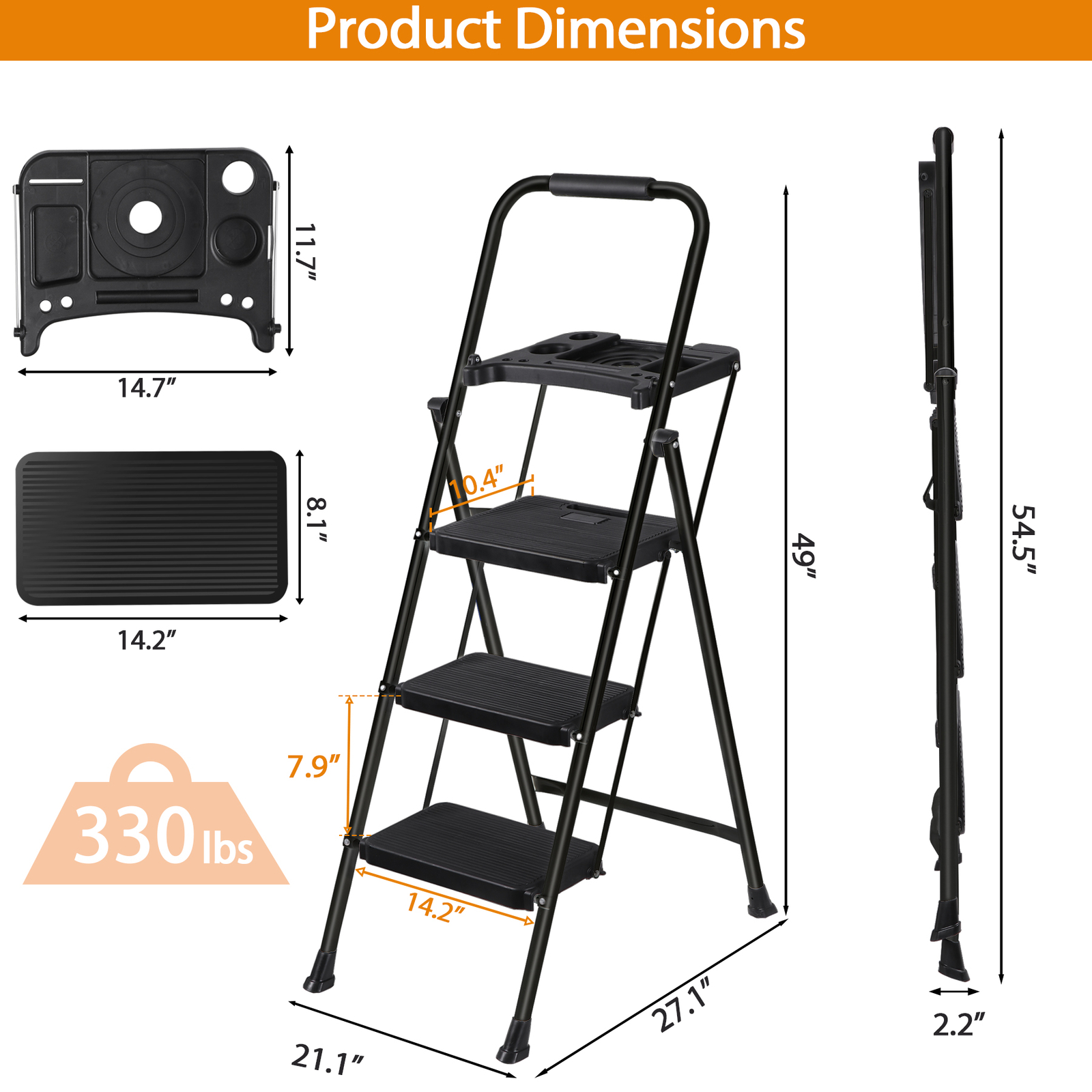 3 Step Ladders Folding Step Stool Anti-Slip Pedals Compact & Portable Black