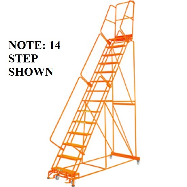NEW! 24″W 15 Step Steel Rolling Ladder 14″D Top Step Lock Step Orange!!